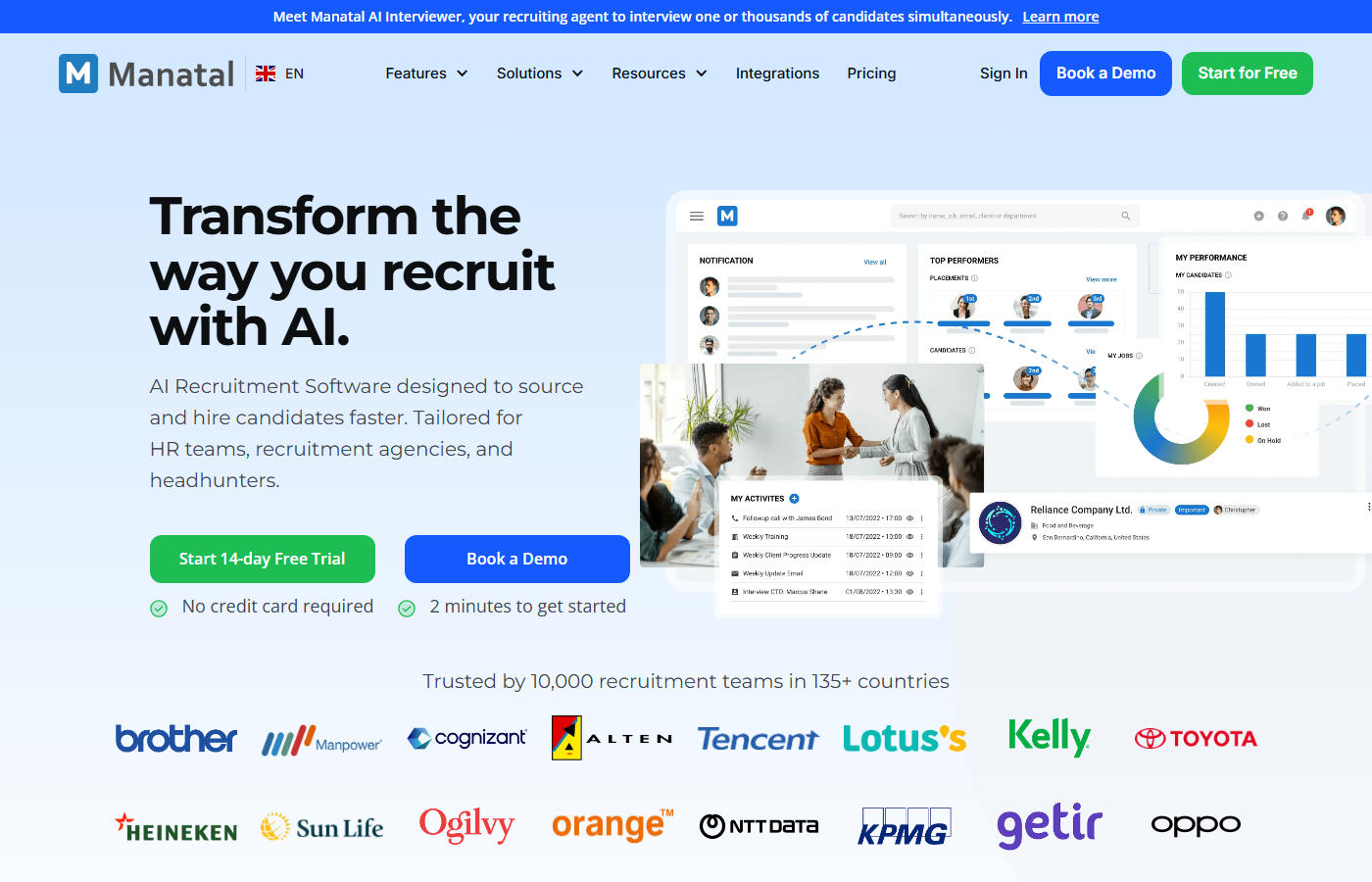 Manatal AI recruitment software homepage, 2026