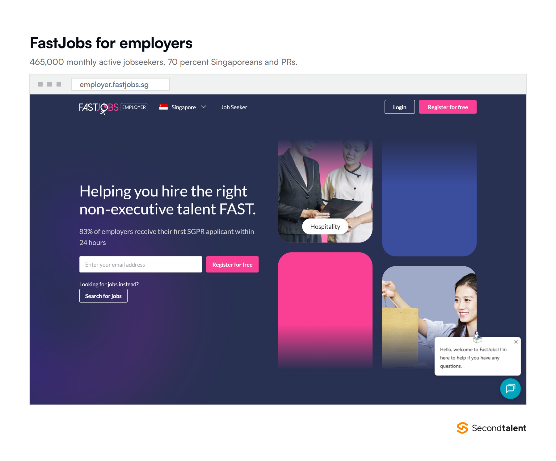 The FastJobs employer page, reporting 465,000 monthly active non-executive jobseekers and 50,000 employers.