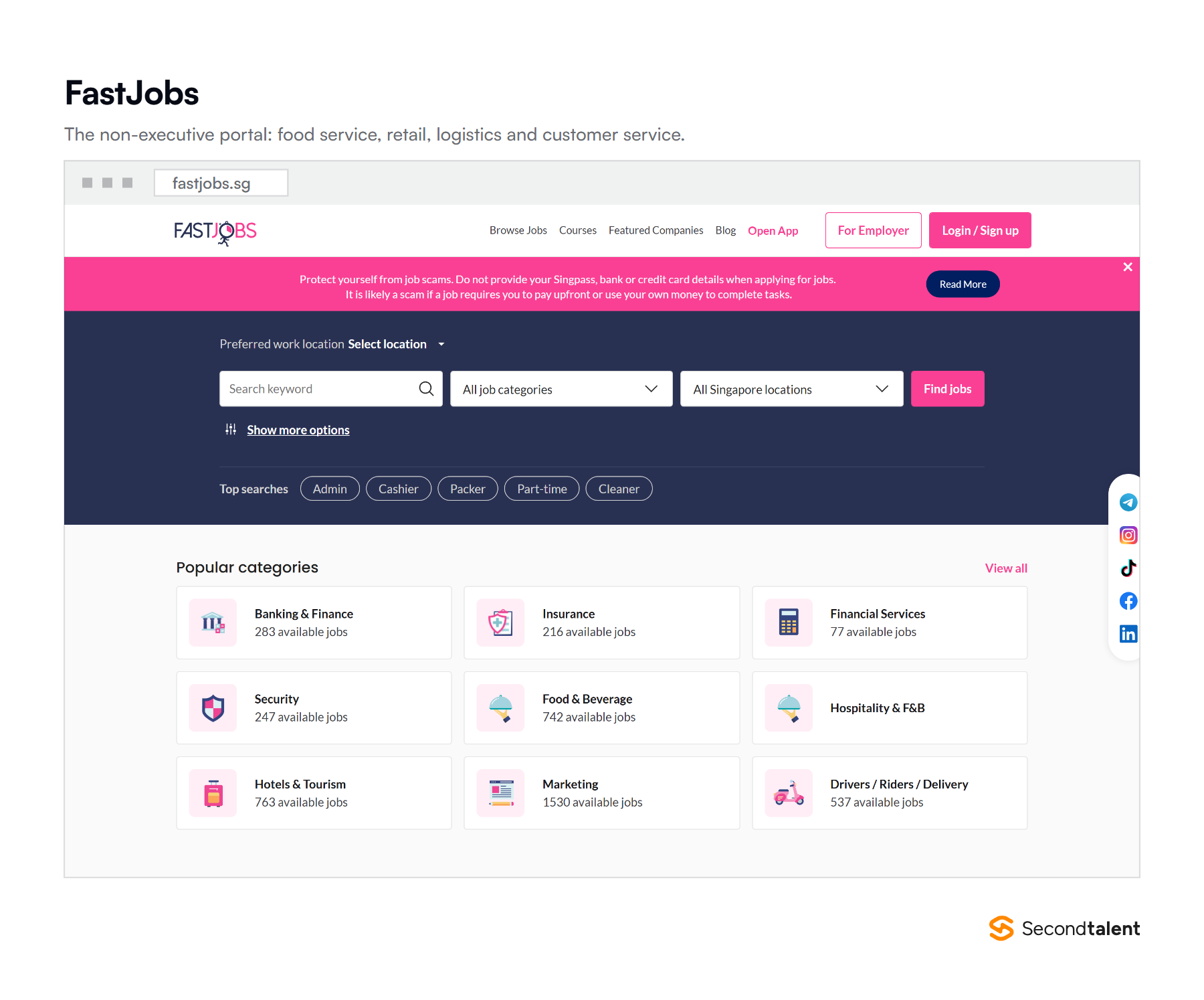 The FastJobs Singapore homepage, a non-executive job portal covering food service, retail and logistics.
