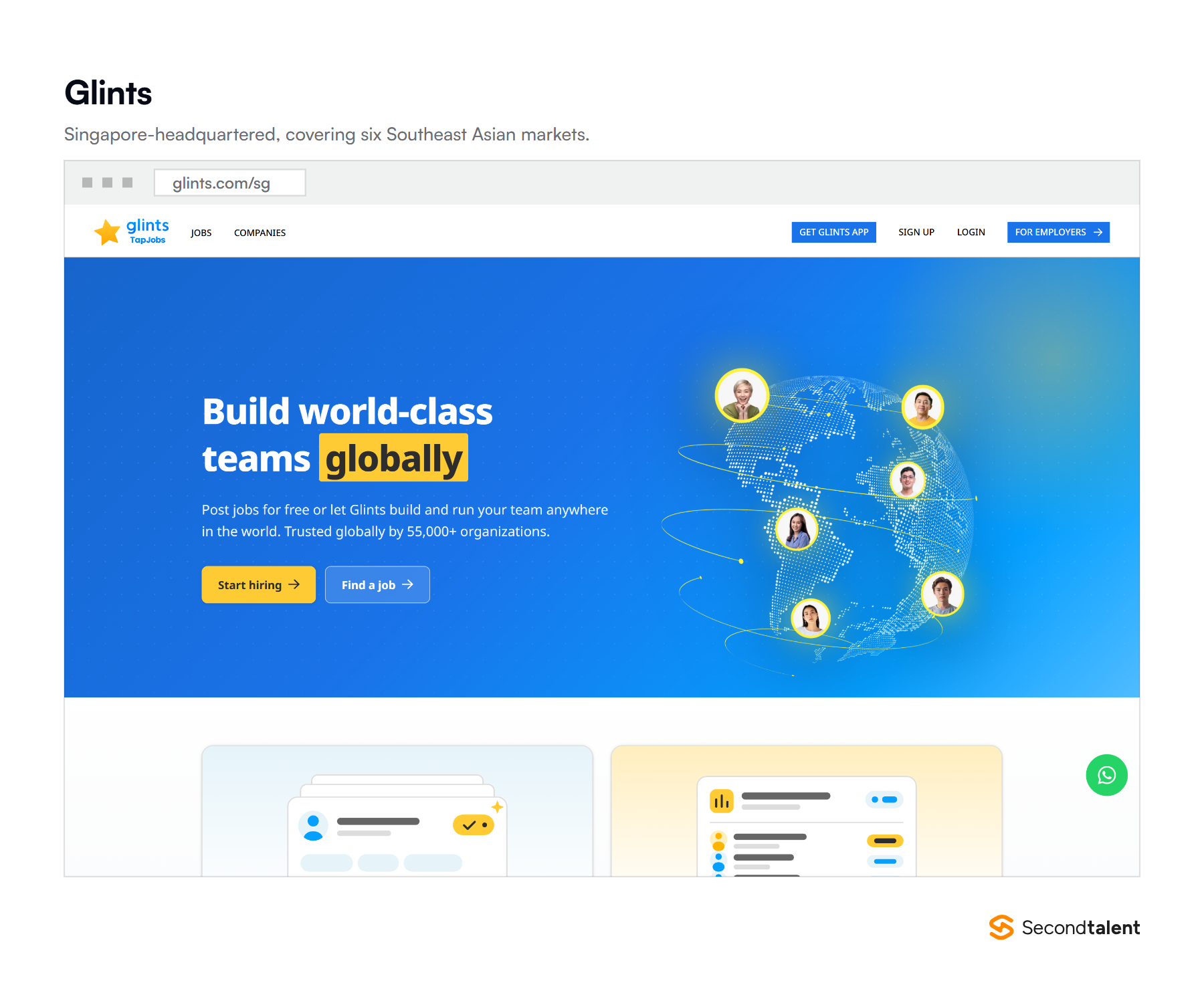 The Glints Singapore homepage, a Southeast Asian job marketplace.