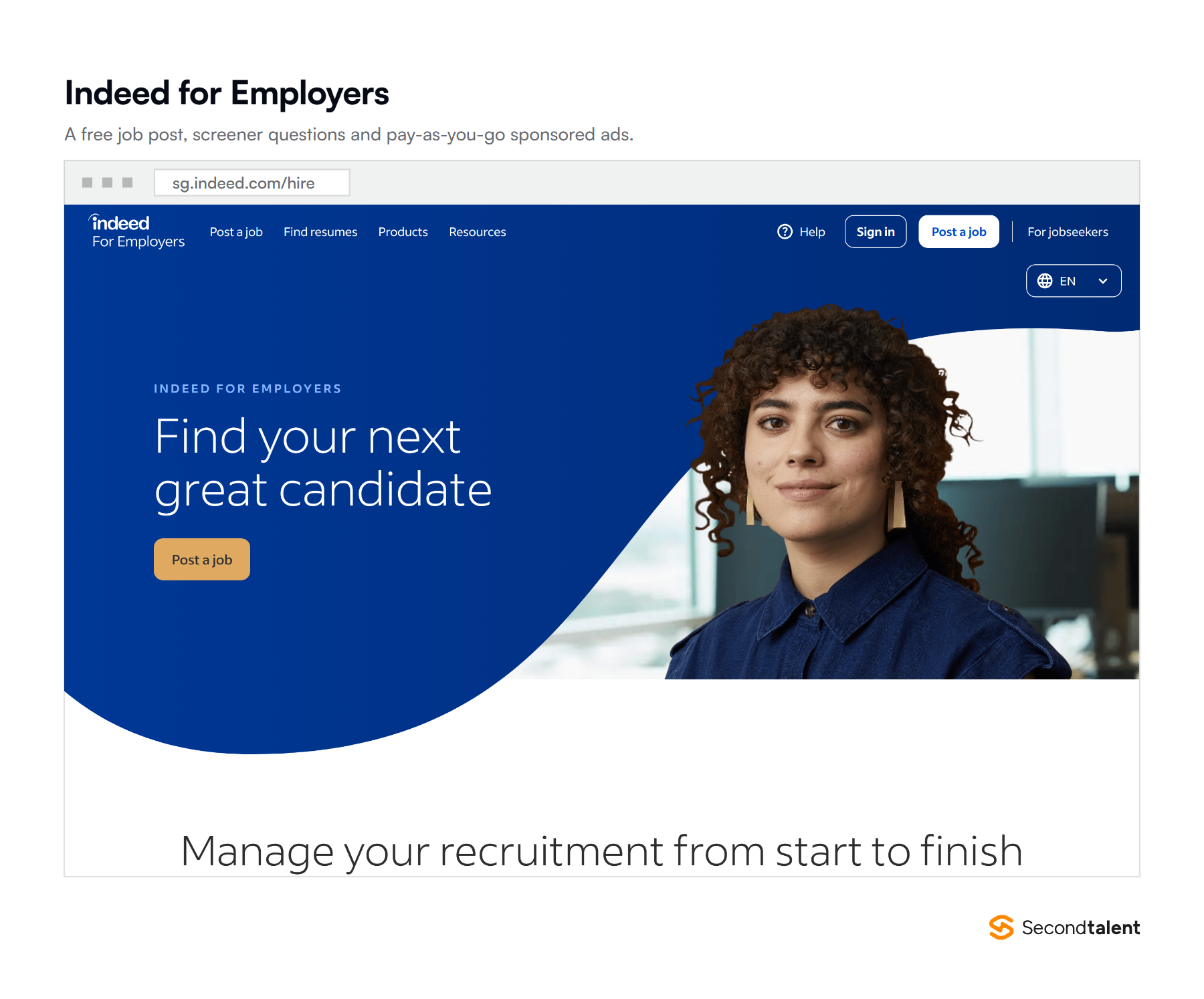 The Indeed for Employers page in Singapore, showing the free job post flow and dashboard features.