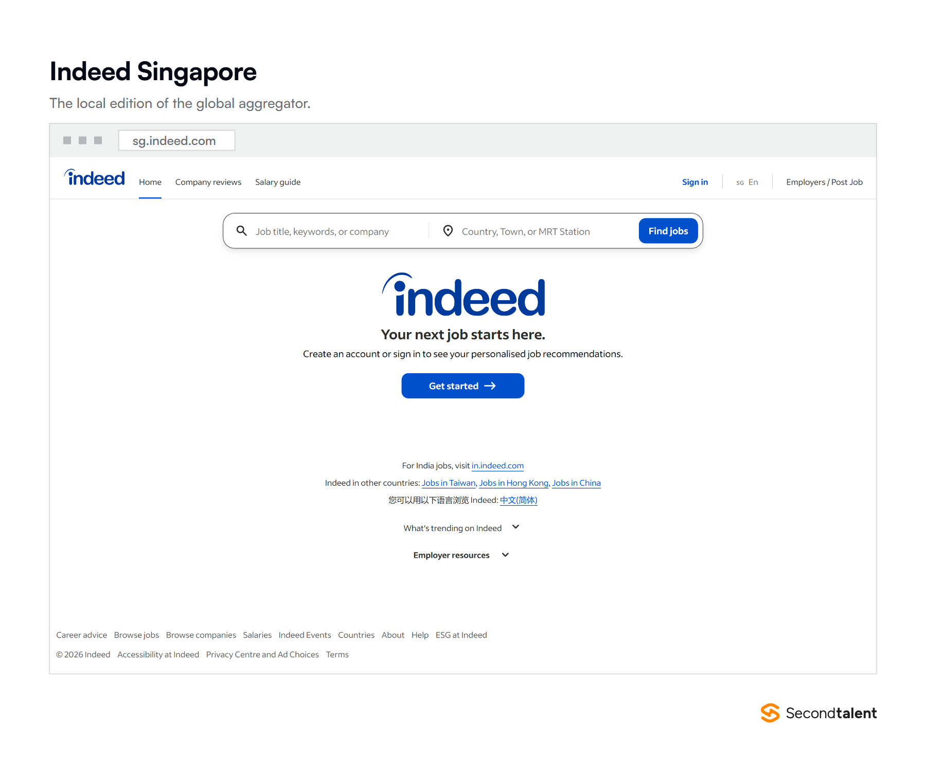 The Indeed Singapore homepage, the local edition of the global job aggregator.