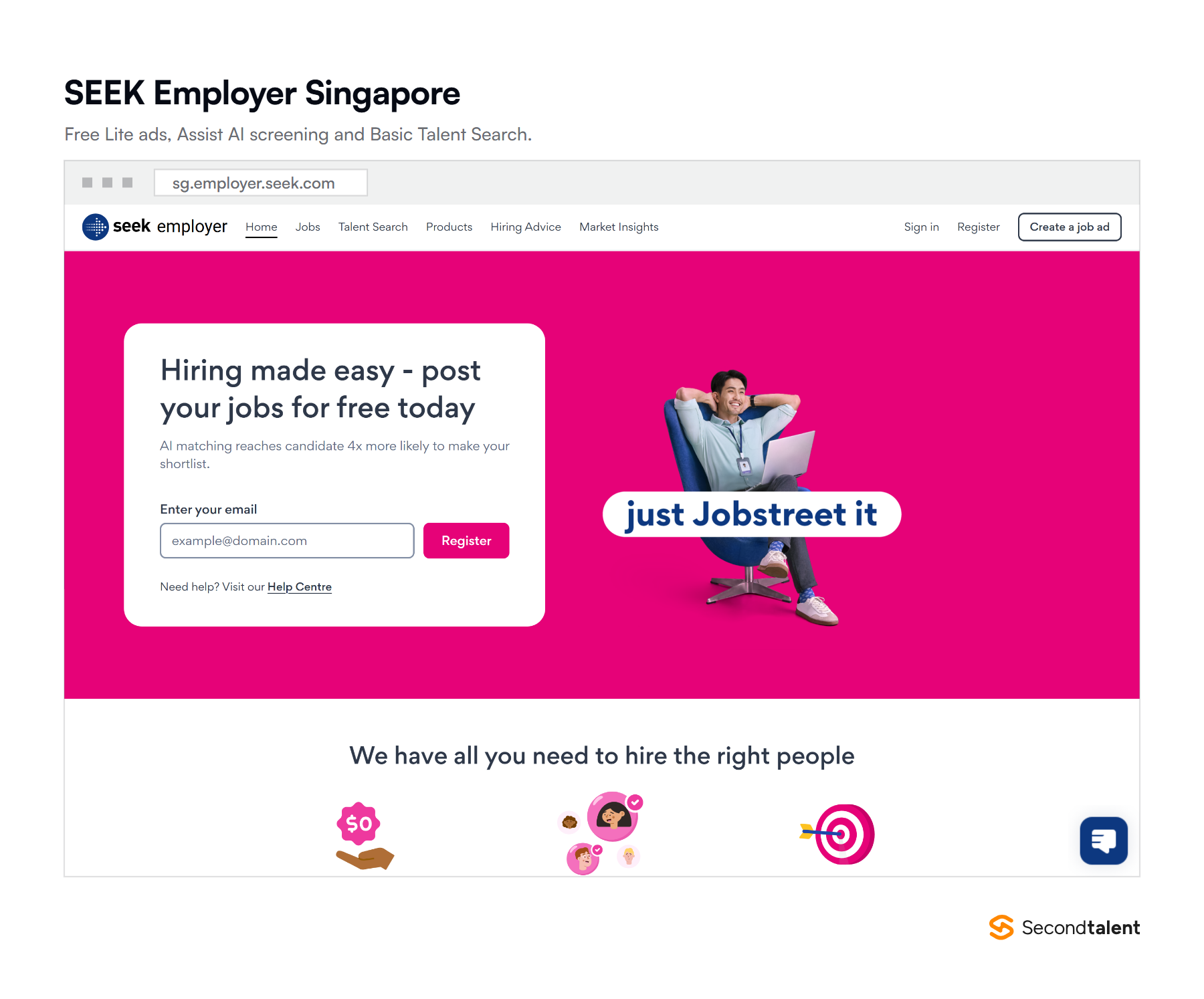 The SEEK Employer Singapore portal, where JobStreet ads are created and managed.