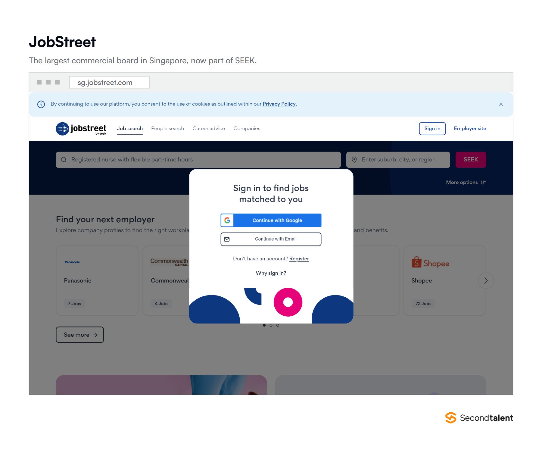 The JobStreet Singapore homepage, the country's largest commercial job board.