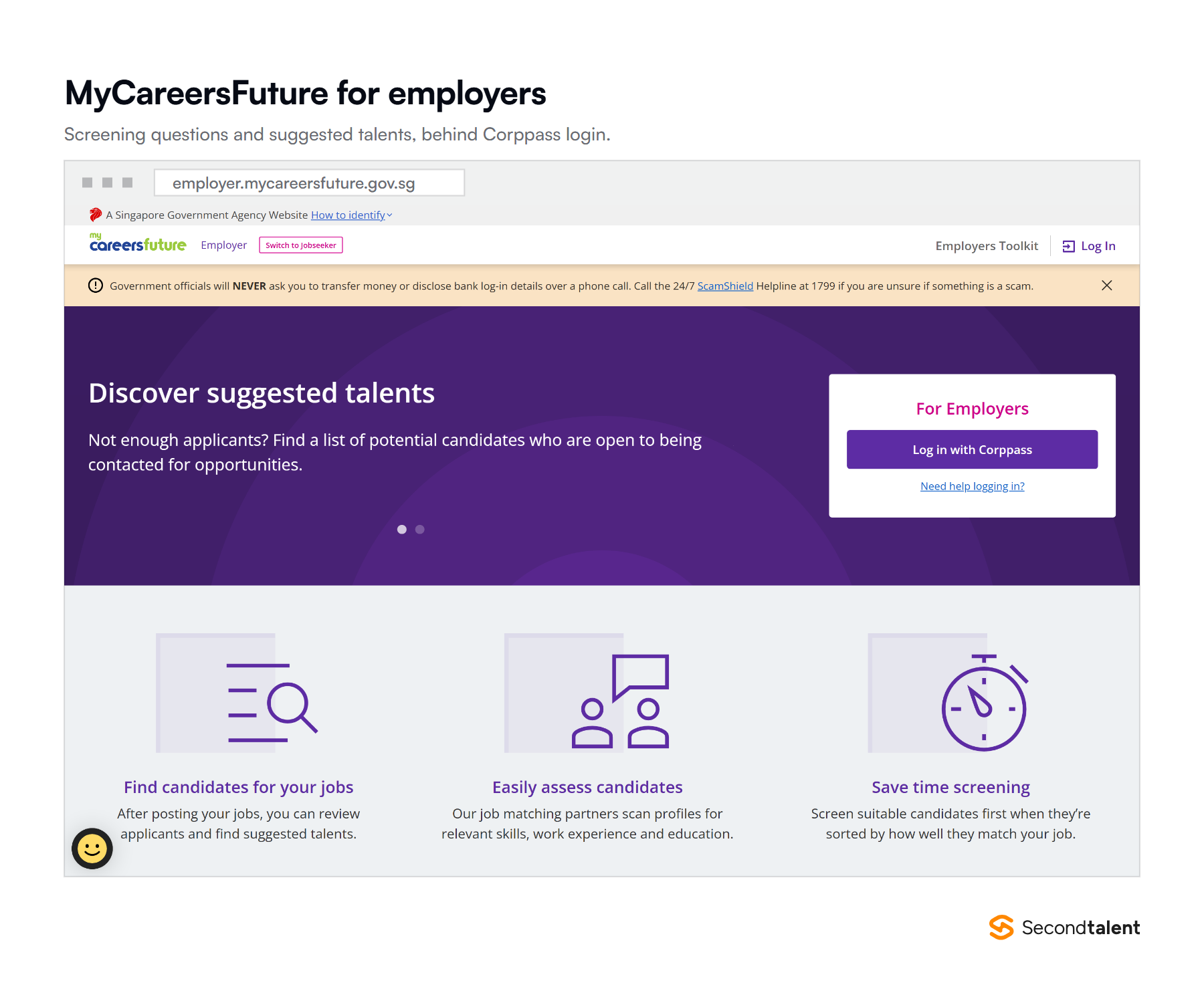 The MyCareersFuture employer portal, showing screening questions and suggested talents.