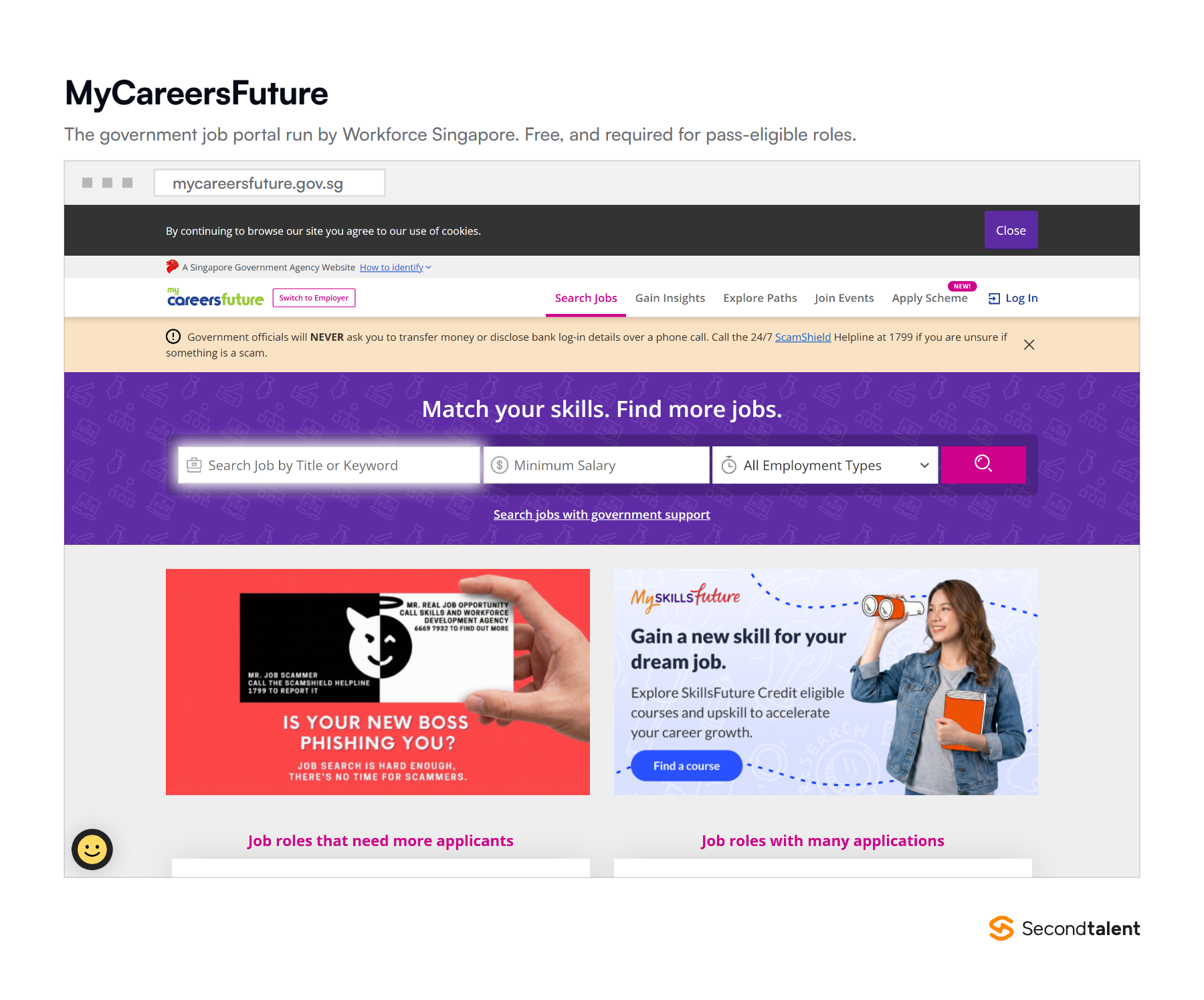 The MyCareersFuture homepage, the Singapore government job portal run by Workforce Singapore.