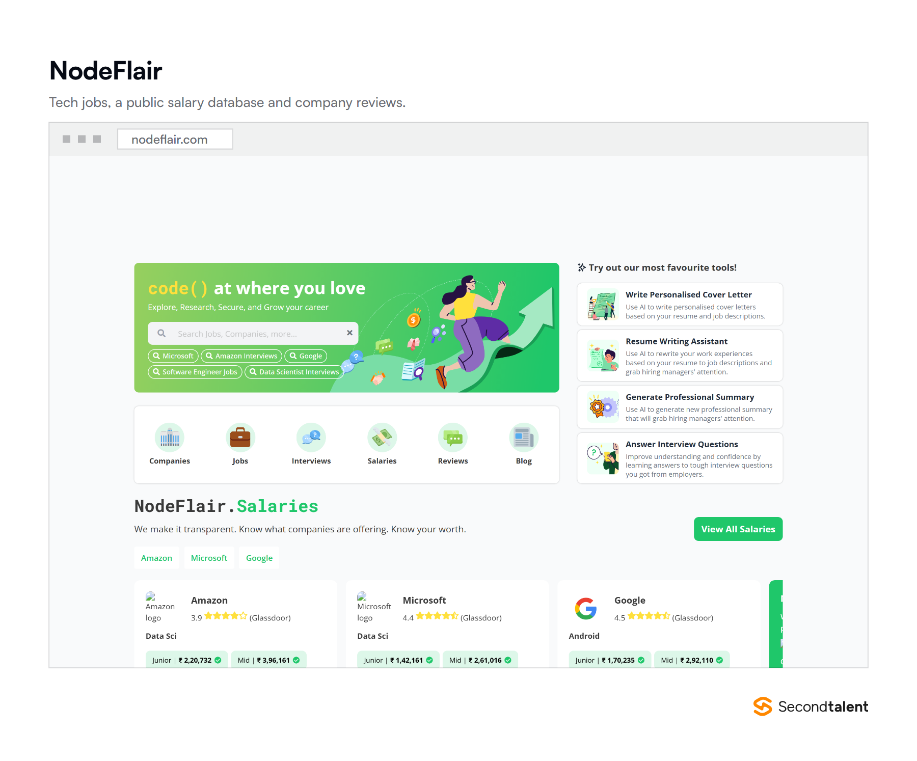 The NodeFlair homepage, a Singapore tech careers site combining jobs, salaries and company reviews.