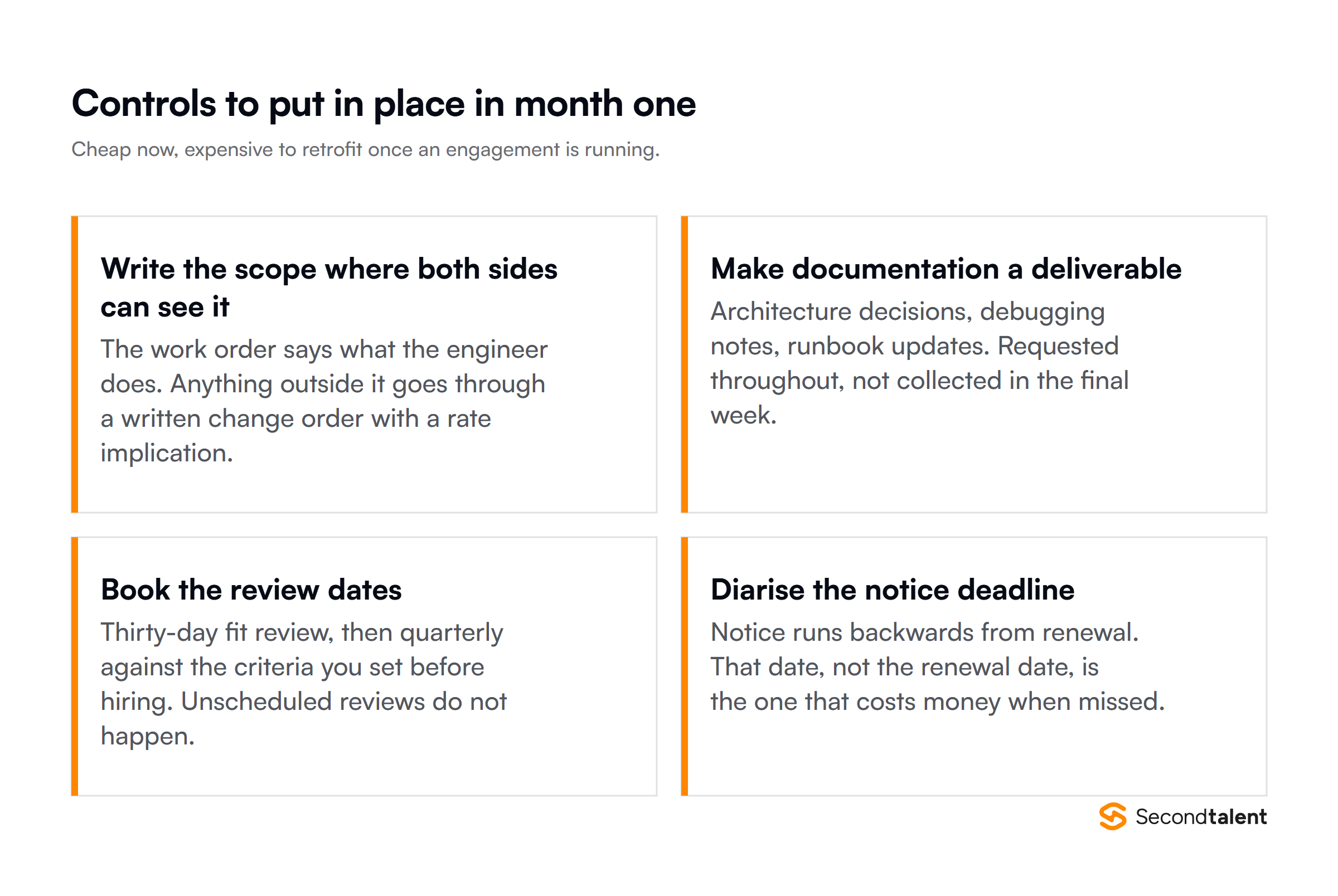 Four controls to put in place in the first month of an engagement
