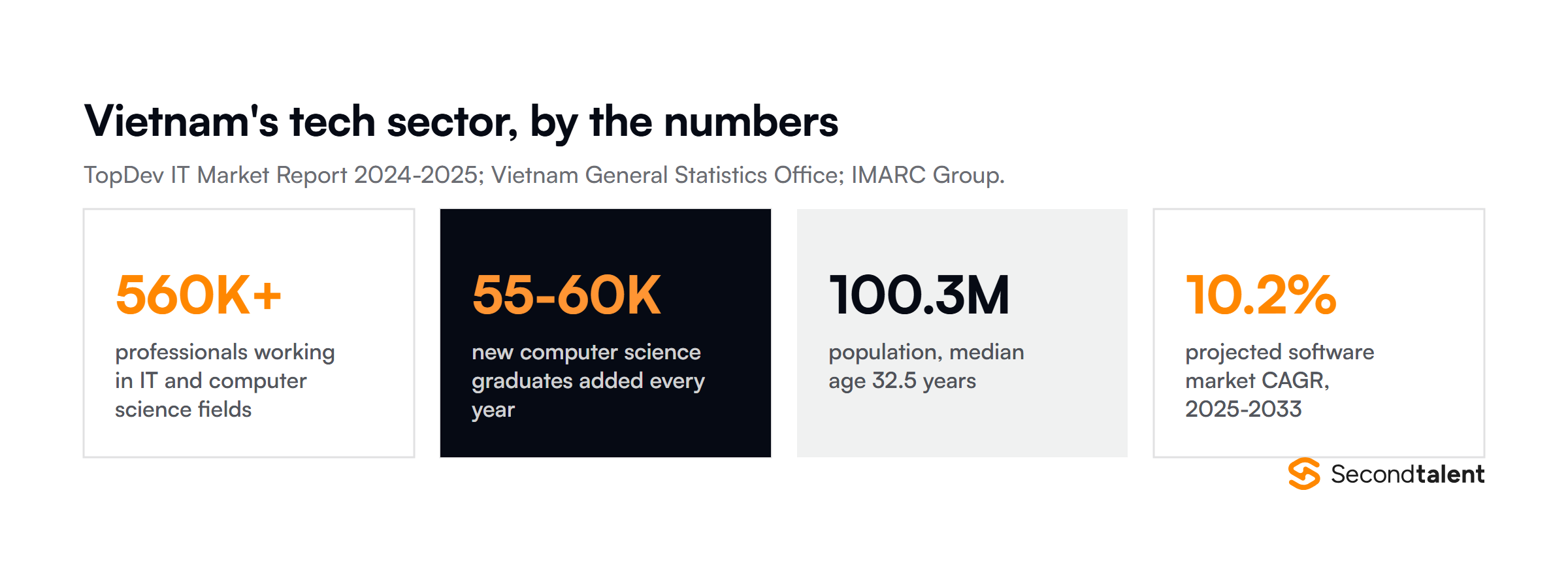 Four statistics on Vietnam's software development sector: 560 thousand plus IT professionals, 55 to 60 thousand new computer science graduates per year, 100.3 million population with a 32.5 year median age, and 10.2 percent projected software market CAGR from 2025 to 2033.