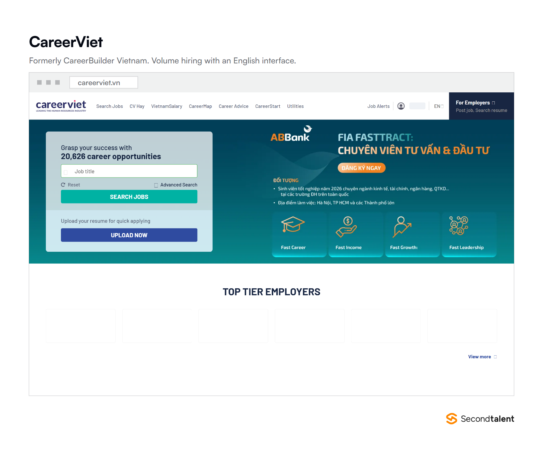 The CareerViet English homepage, a general job board covering professional and volume hiring in Vietnam.