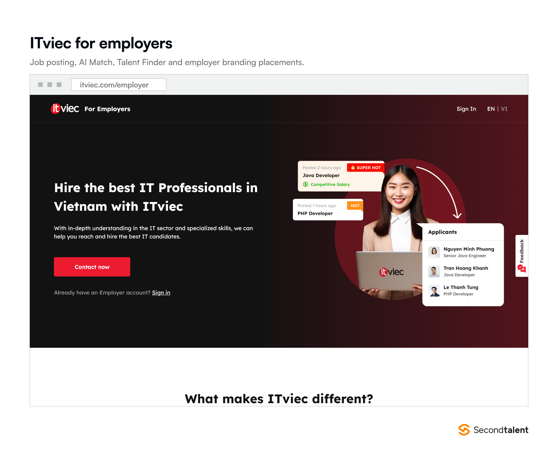 The ITviec employer page listing job posting, AI Match, Talent Finder and employer branding services.