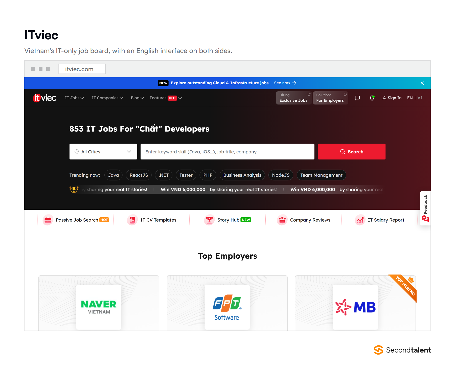 The ITviec homepage, Vietnam's IT-focused job board with an English interface.