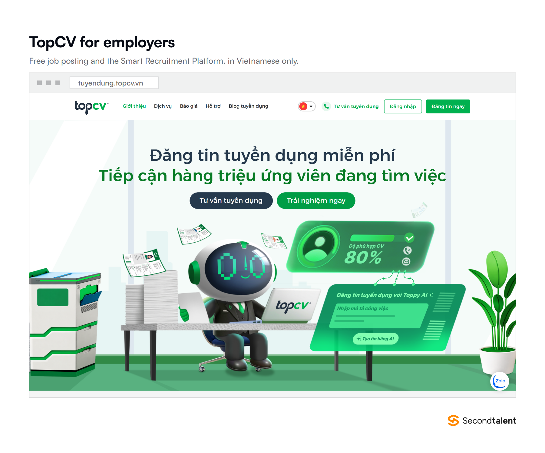 The TopCV employer portal at tuyendung.topcv.vn, offering free job posting and the Smart Recruitment Platform.