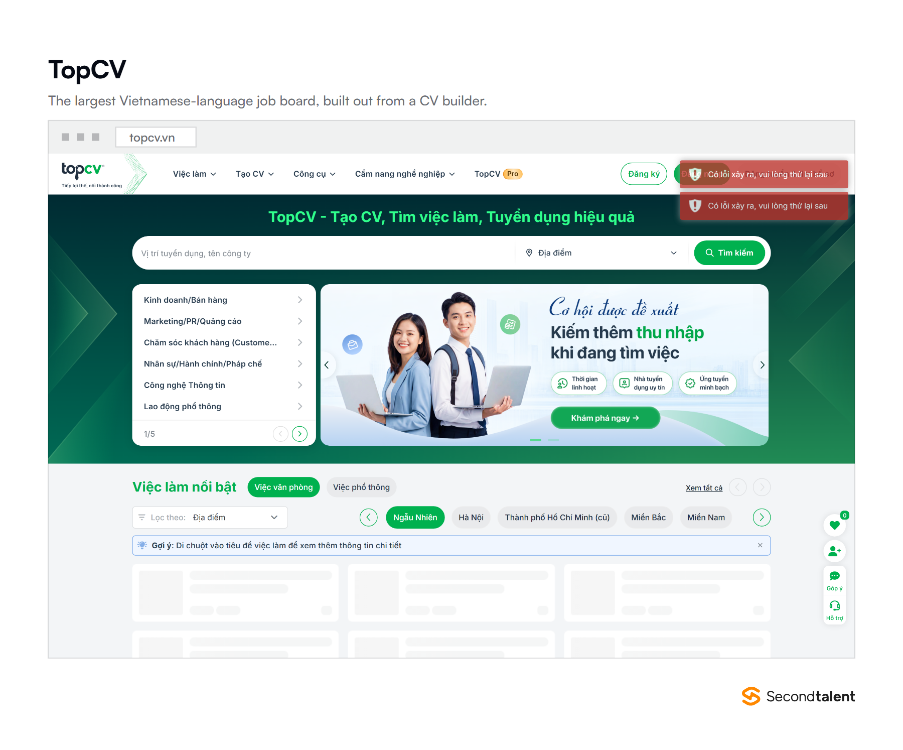The TopCV homepage in Vietnamese, the country's largest local-language job board.