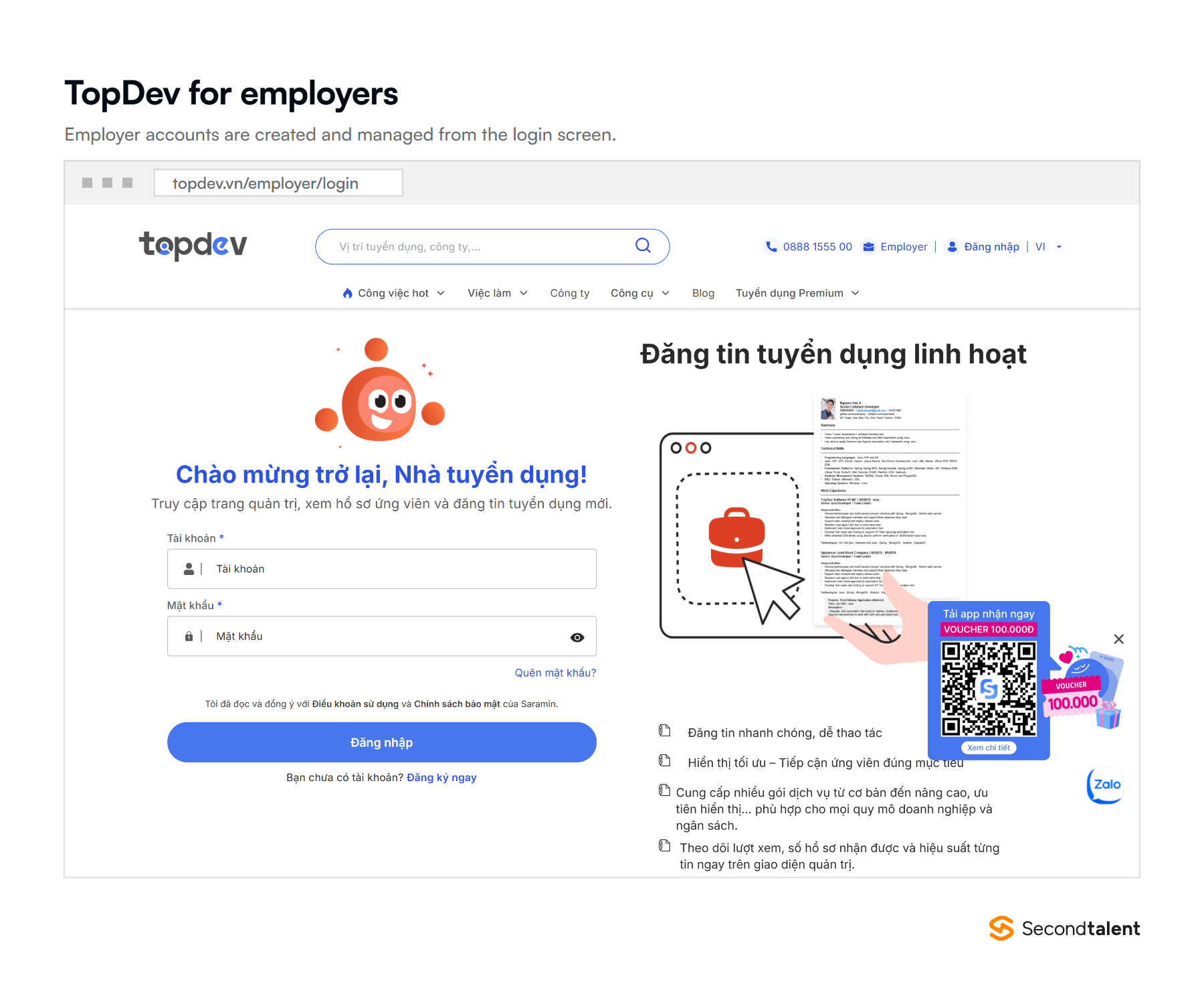 The TopDev employer login and registration screen.