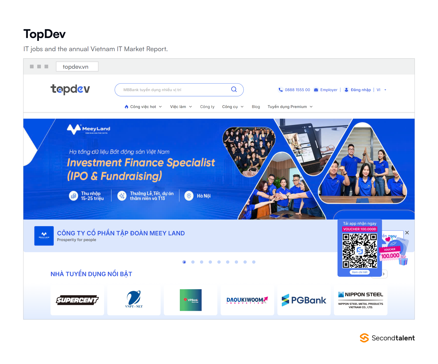 The TopDev homepage, an IT jobs board for Vietnamese developers.