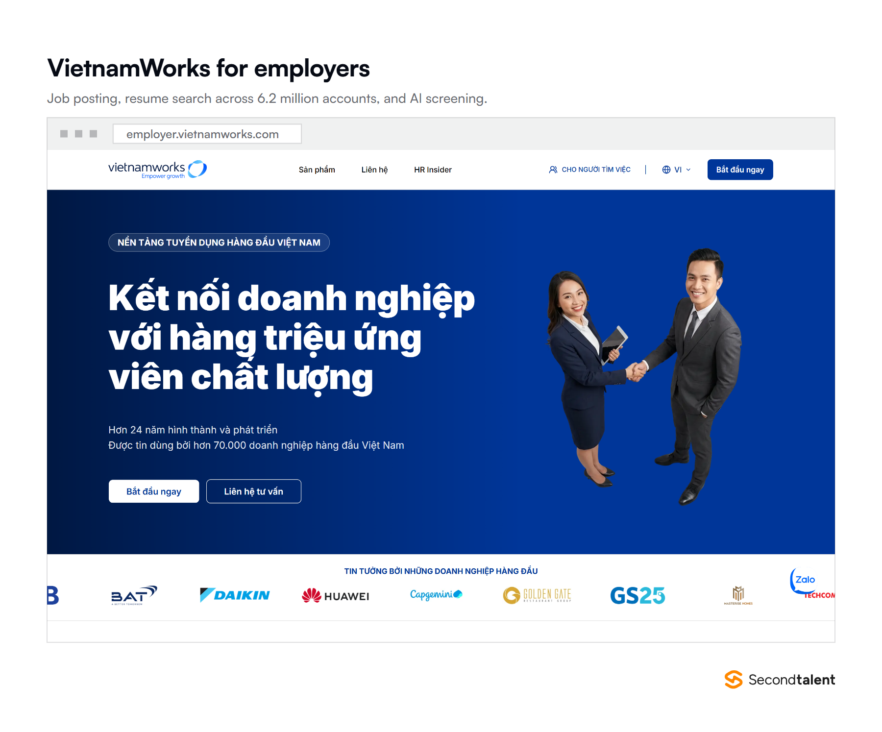 The VietnamWorks employer portal, showing job posting, resume search and AI screening products.