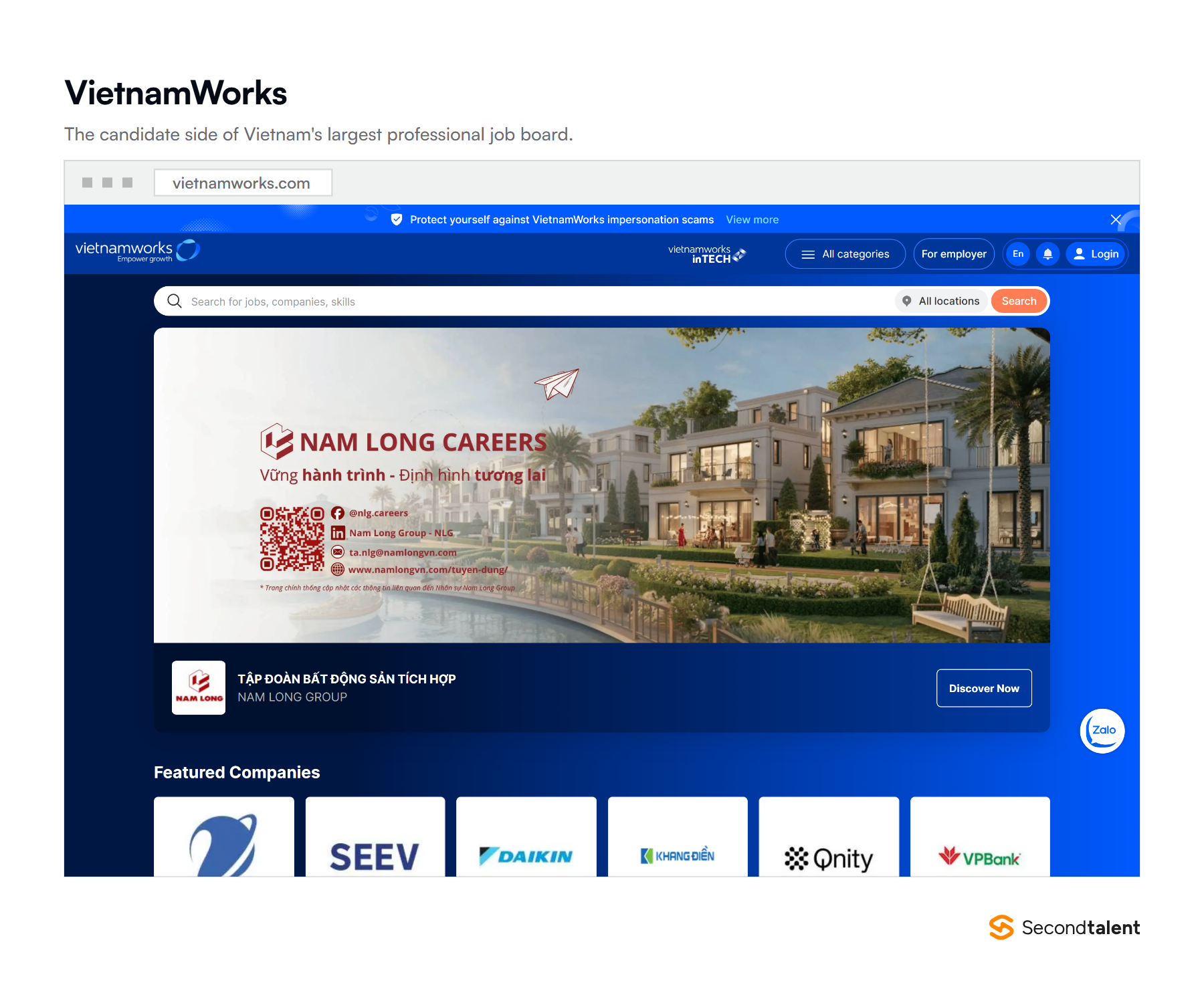 The VietnamWorks English homepage, the job search view candidates see.