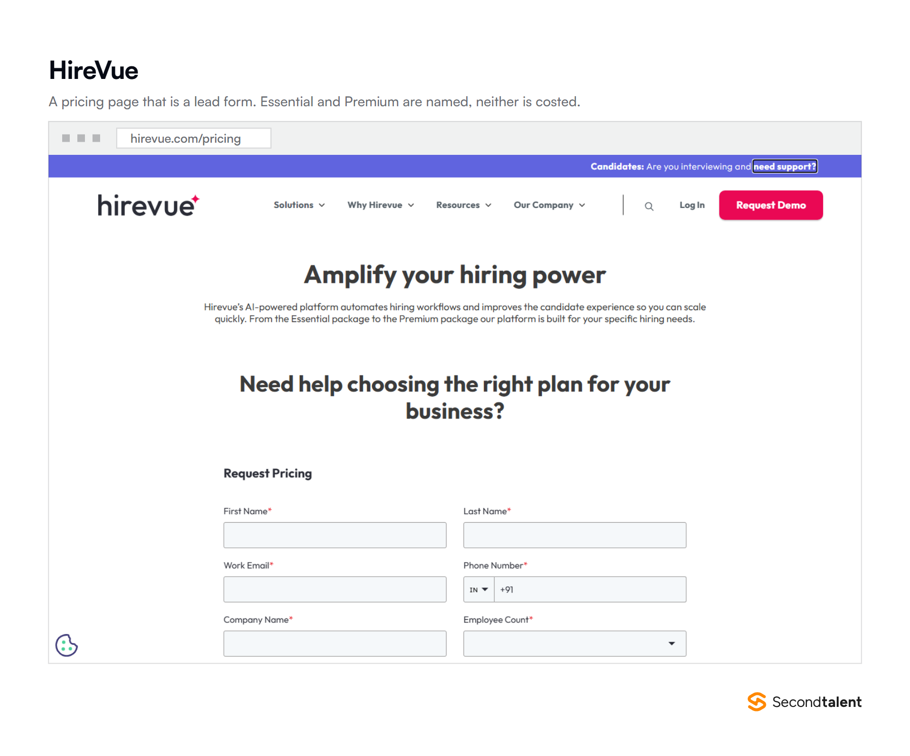 The HireVue pricing page in September 2026, which names the Essential and Premium packages and replaces any figure with a Request Pricing lead form.