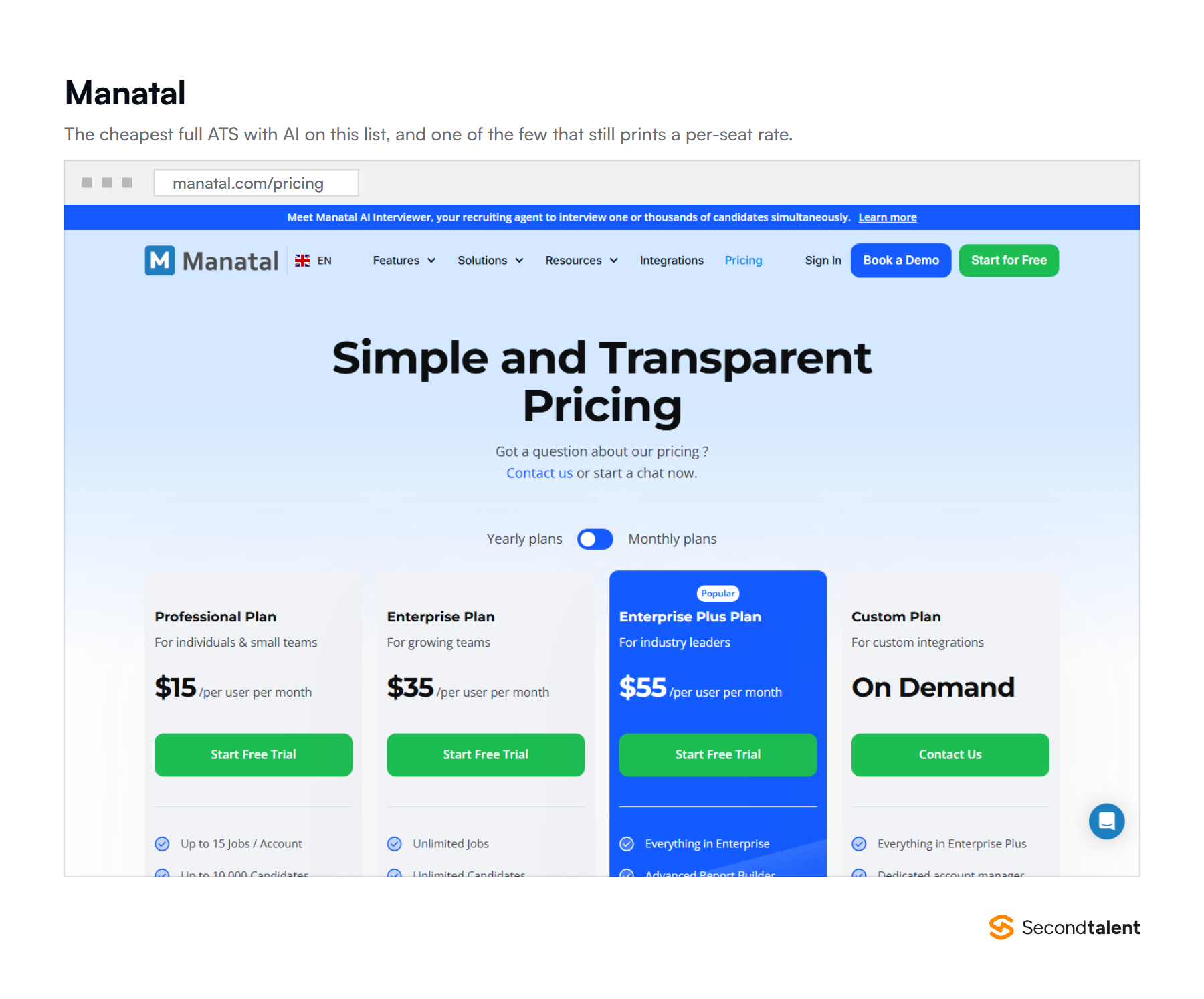 The Manatal pricing page in September 2026, showing Professional at $15, Enterprise at $35 and Enterprise Plus at $55 per user per month on yearly billing.