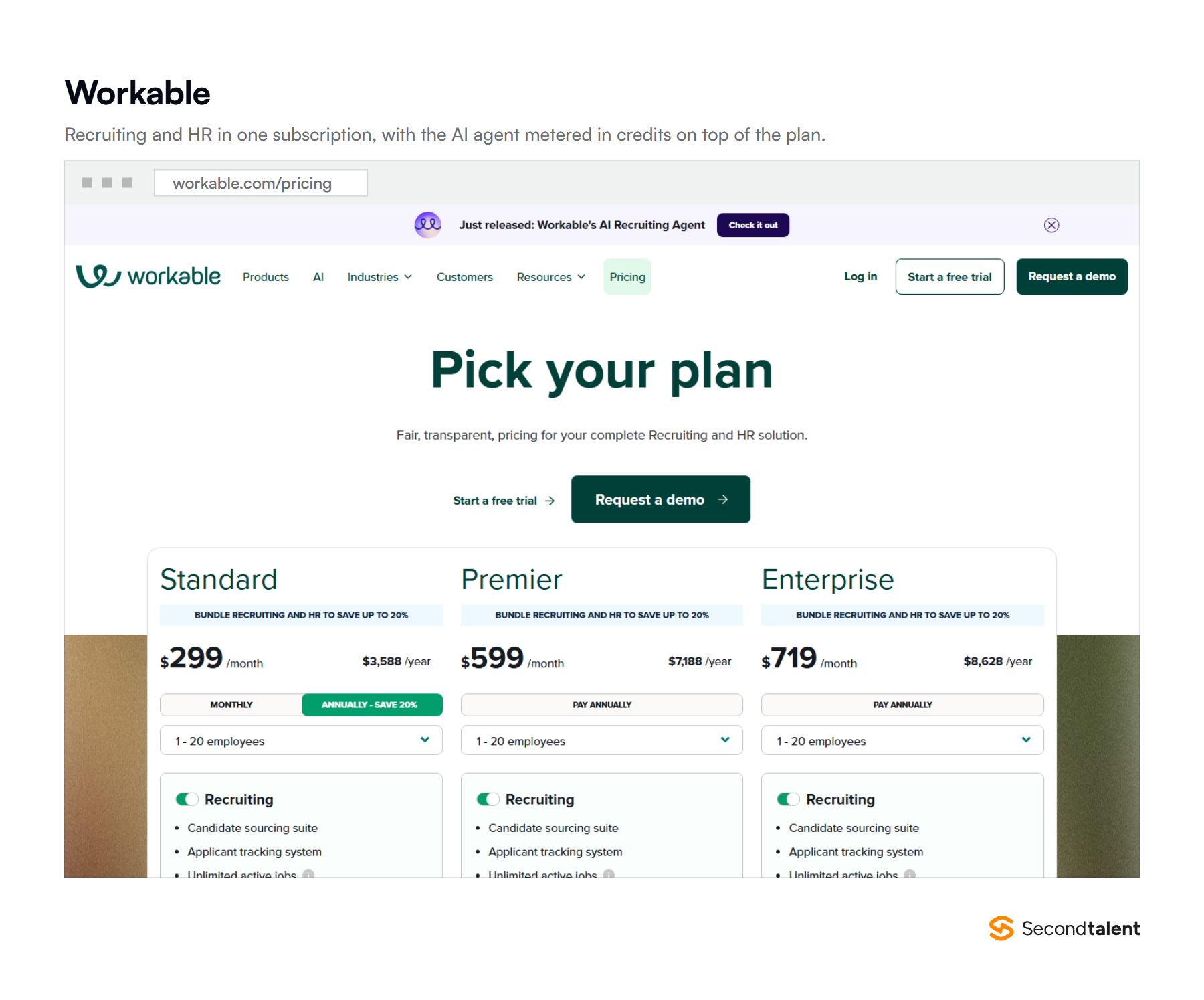 The Workable pricing page in September 2026, showing Standard at $299, Premier at $599 and Enterprise at $719 a month for the 1 to 20 employee band.