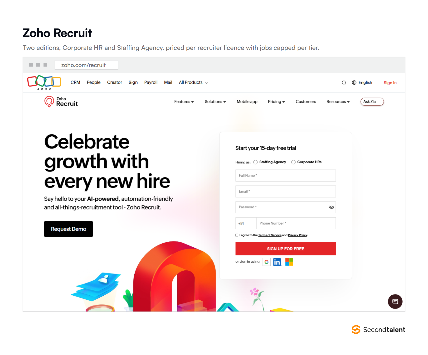 The Zoho Recruit homepage, showing the AI-powered recruitment product and the split between Staffing Agency and Corporate HR editions at sign-up.