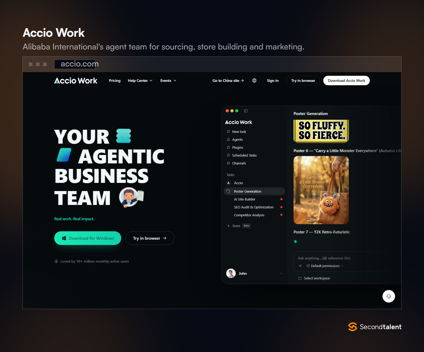 Accio Work homepage headed Your Agentic Business Team, with an app window generating posters and tasks for an AI site builder, SEO audit and competitor analysis.