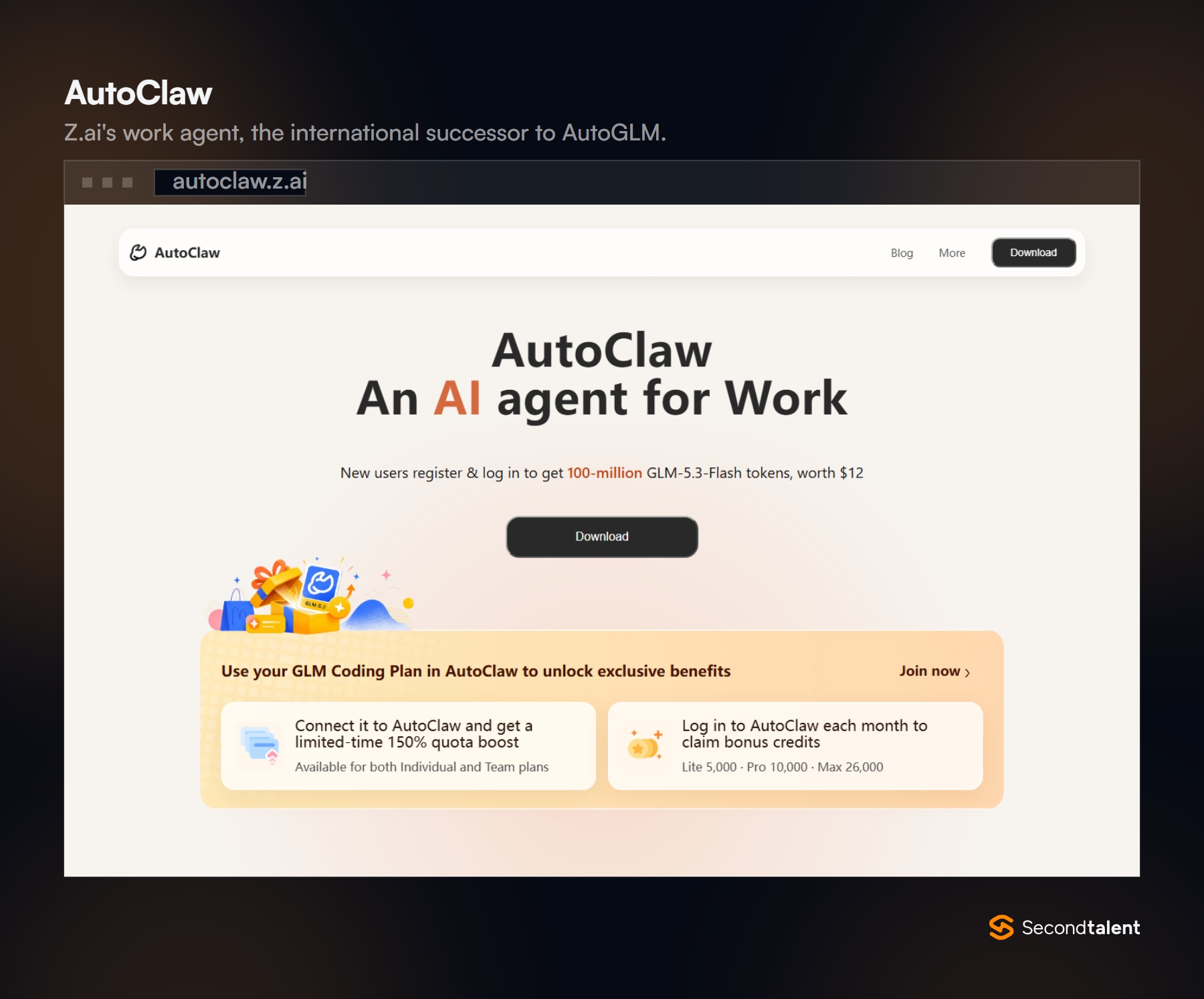 AutoClaw homepage headed An AI agent for Work, offering new users 100 million GLM-5.3-Flash tokens and GLM Coding Plan bonus credits.