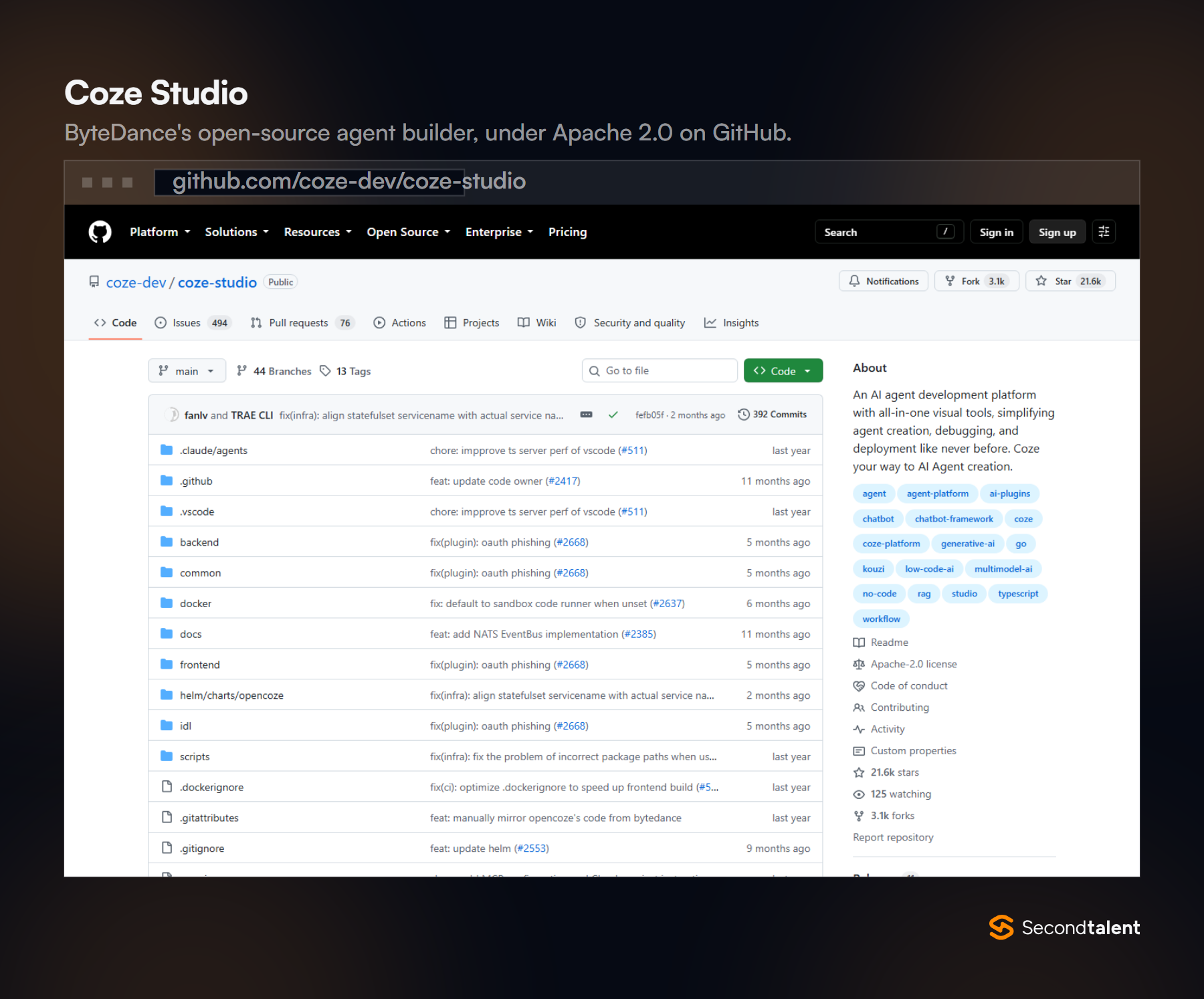 GitHub page for coze-dev/coze-studio, an AI agent development platform under the Apache 2.0 licence with 21.6 thousand stars.