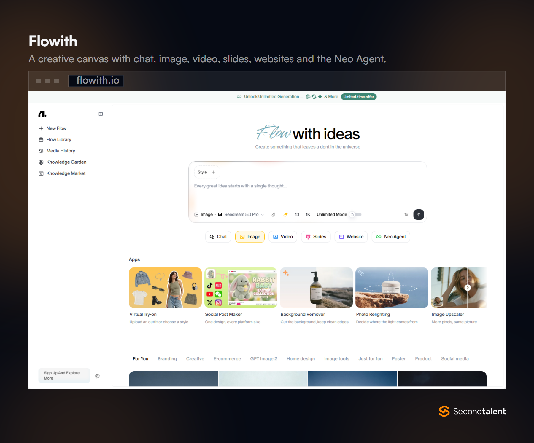 Flowith home screen headed Flow with ideas, with a prompt box set to image generation and tabs for chat, image, video, slides, website and Neo Agent.
