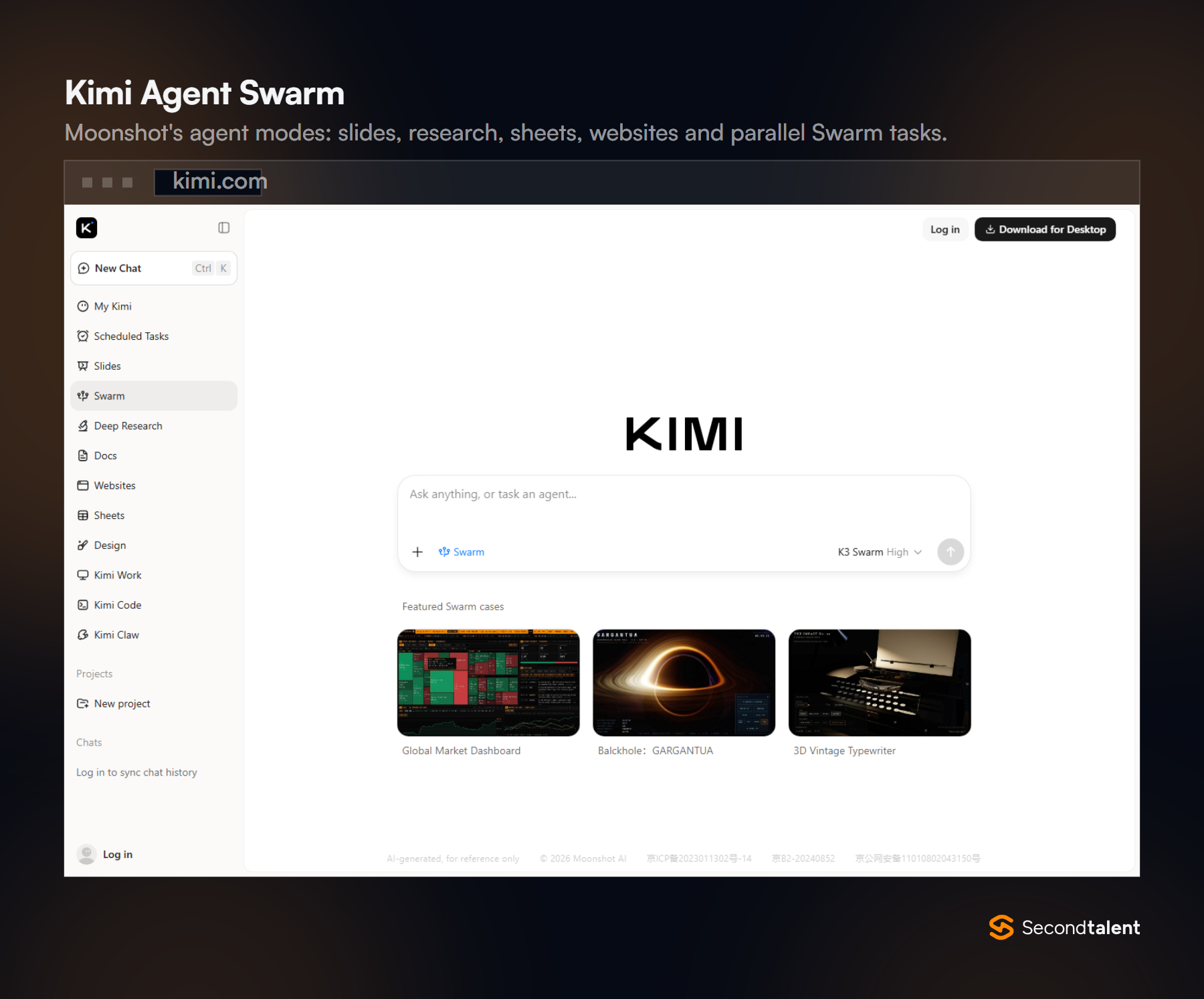 Kimi Agent Swarm page with a sidebar of agent modes including Slides, Swarm, Deep Research, Docs, Websites, Sheets, Design, Kimi Work, Kimi Code and Kimi Claw, and featured Swarm cases.