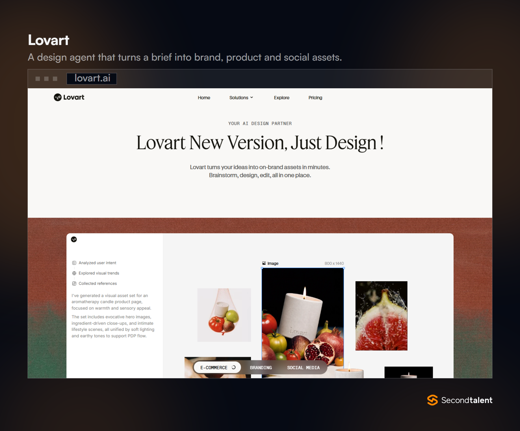 Lovart homepage headed Lovart New Version, Just Design, above a canvas showing generated product images for an aromatherapy candle.