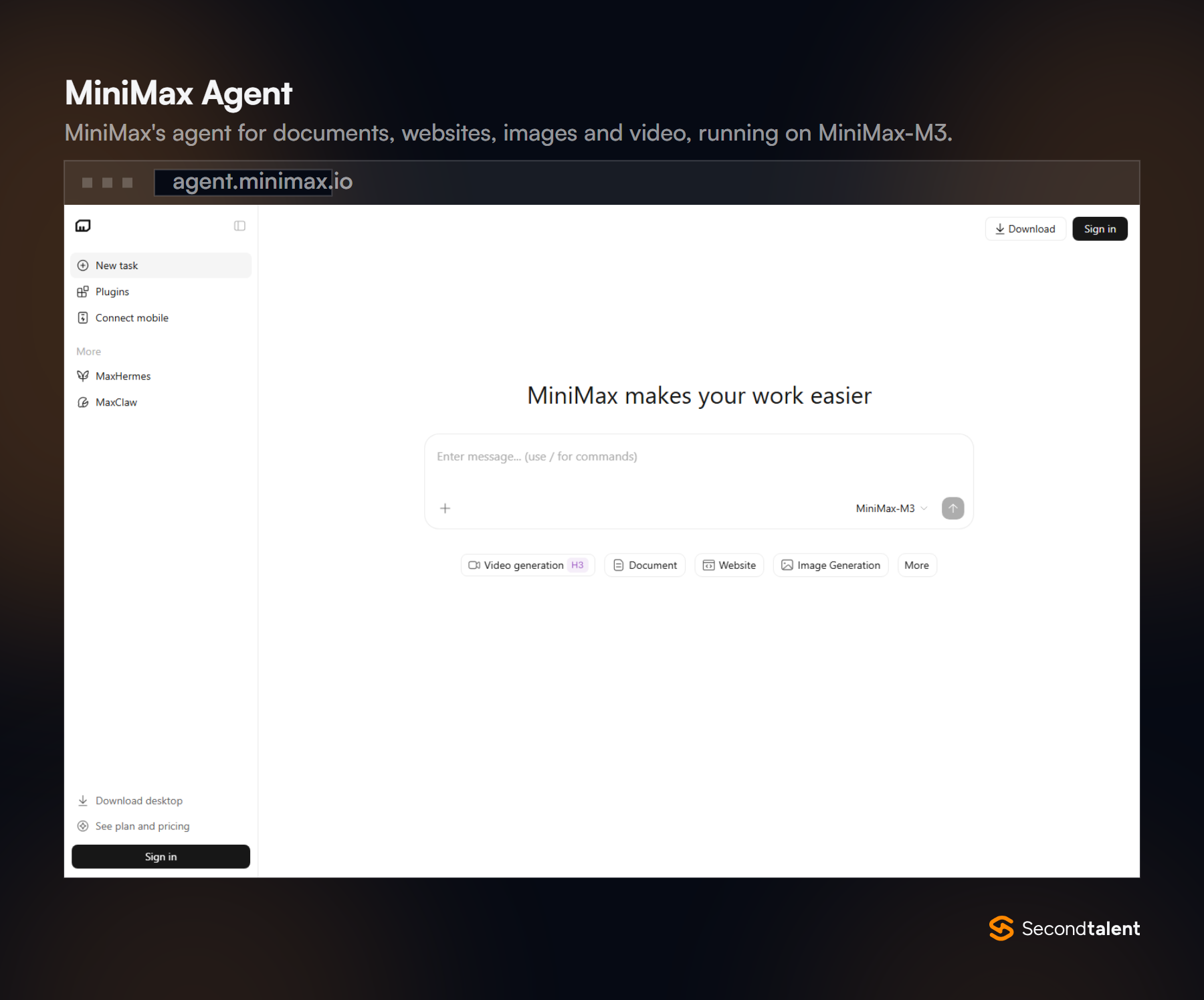 MiniMax Agent home screen headed MiniMax makes your work easier, with the MiniMax-M3 model selected and buttons for video generation, documents, websites and image generation.