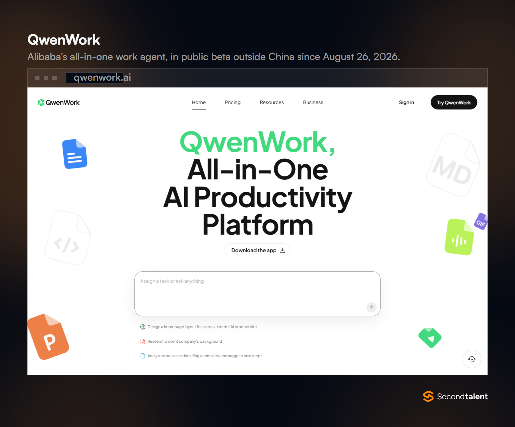 QwenWork homepage headed All-in-One AI Productivity Platform, with a task box and example tasks for designing a homepage, researching a client and analysing store sales.