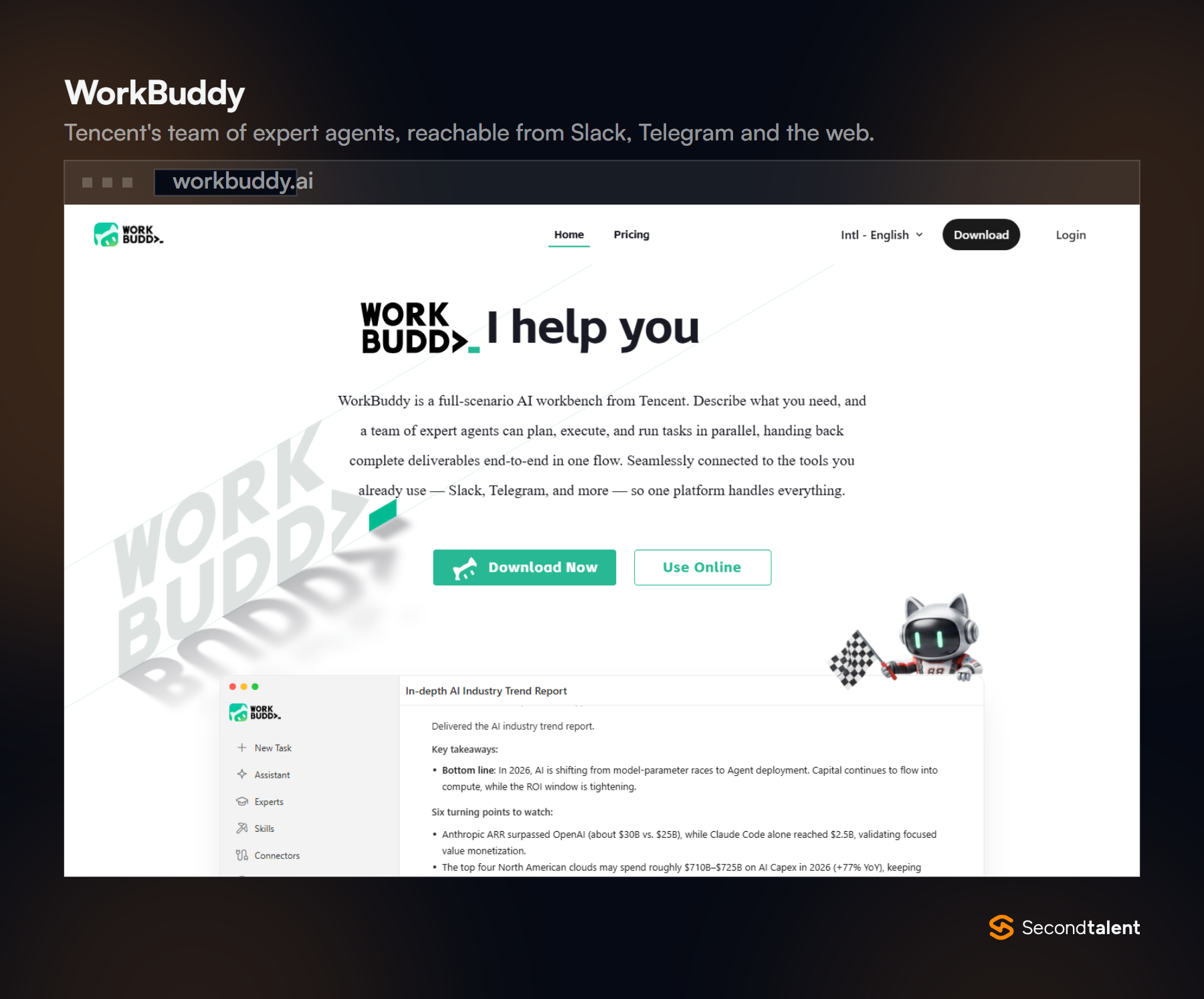 WorkBuddy homepage describing a full-scenario AI workbench from Tencent where a team of expert agents plans and runs tasks, connected to Slack and Telegram.