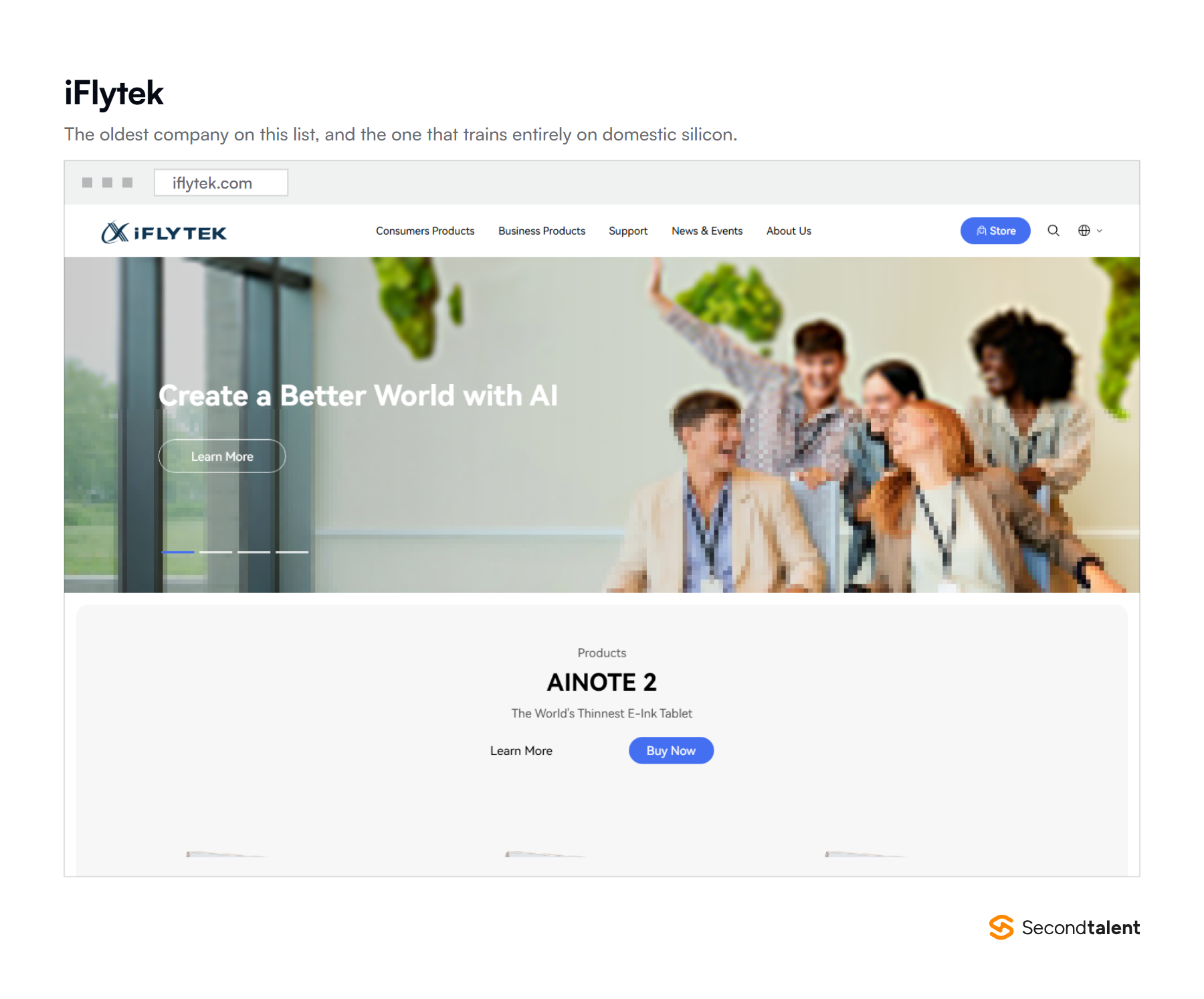 The iFlytek English homepage, the Chinese AI company that trains its Spark models entirely on domestic computing hardware.