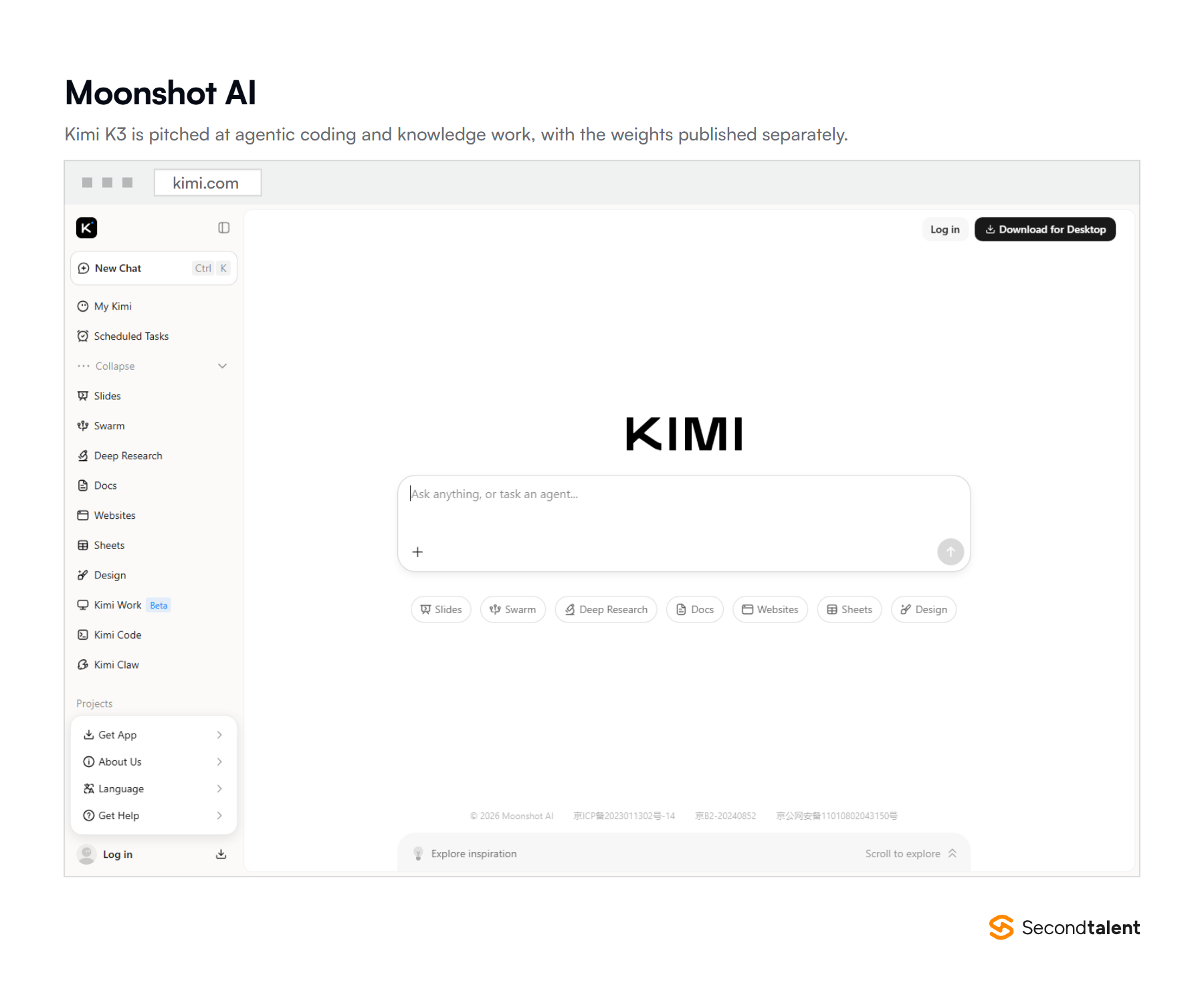 The Kimi homepage from Moonshot AI, presenting Kimi K3 for agentic coding and knowledge work.