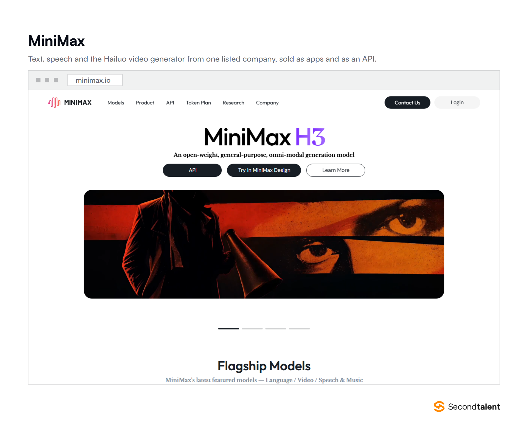 The MiniMax homepage, showing its text, speech and Hailuo video products sold as apps and as an API.
