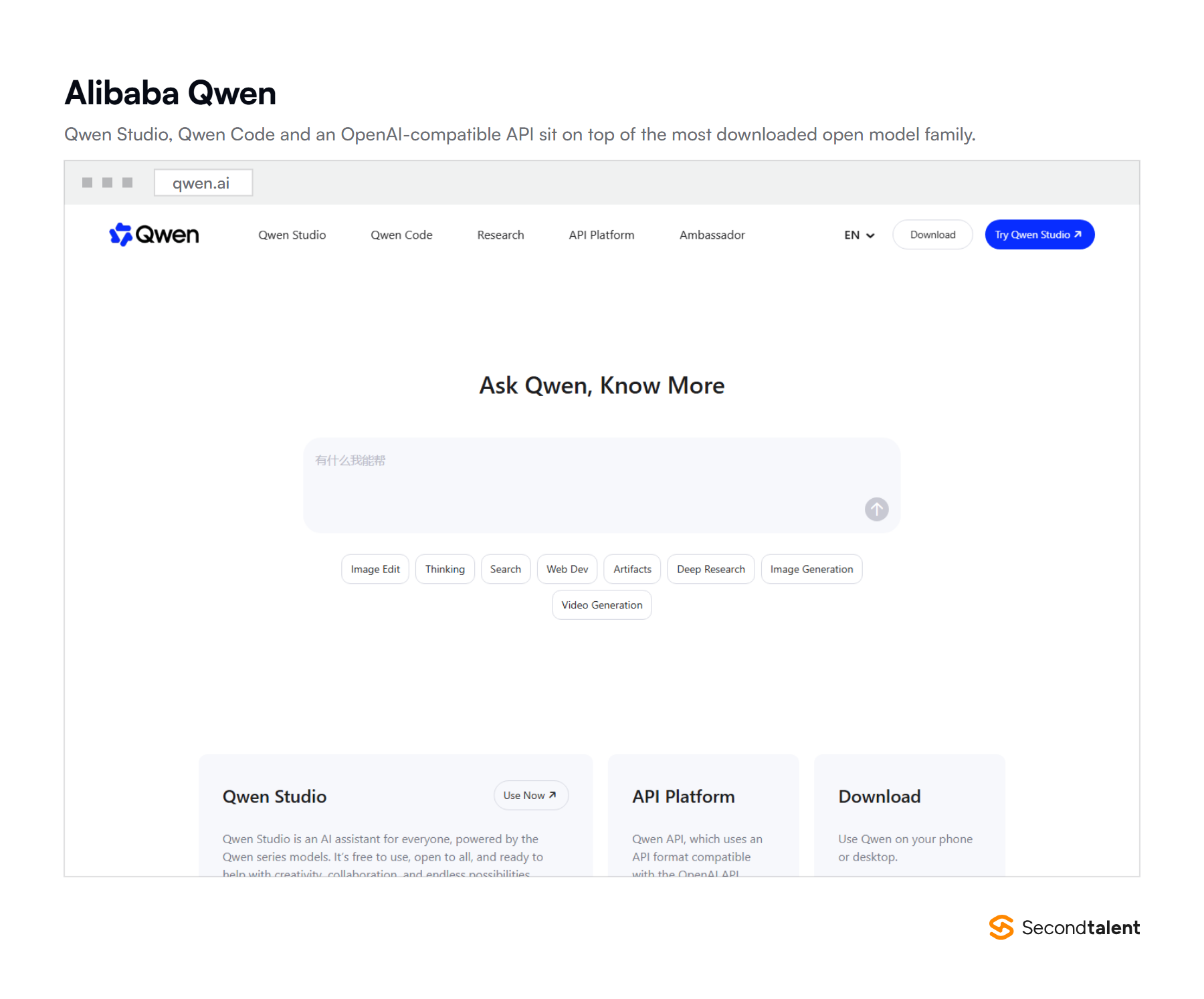 The Qwen homepage from Alibaba, showing Qwen Studio, Qwen Code, an API platform and the research section for the open Qwen model family.