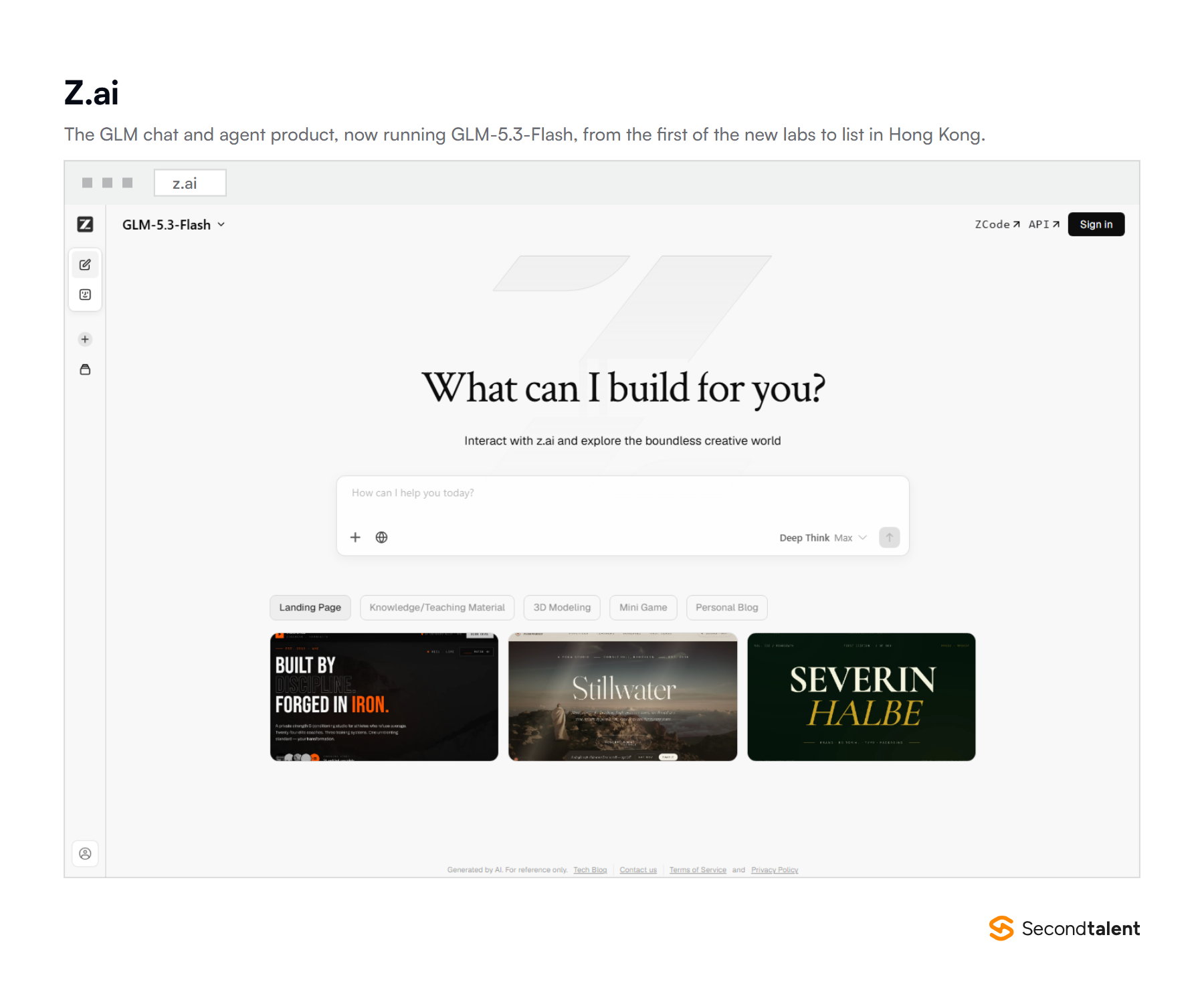 The Z.ai homepage, the chat and agent product from the GLM lab, running GLM-5.3-Flash.