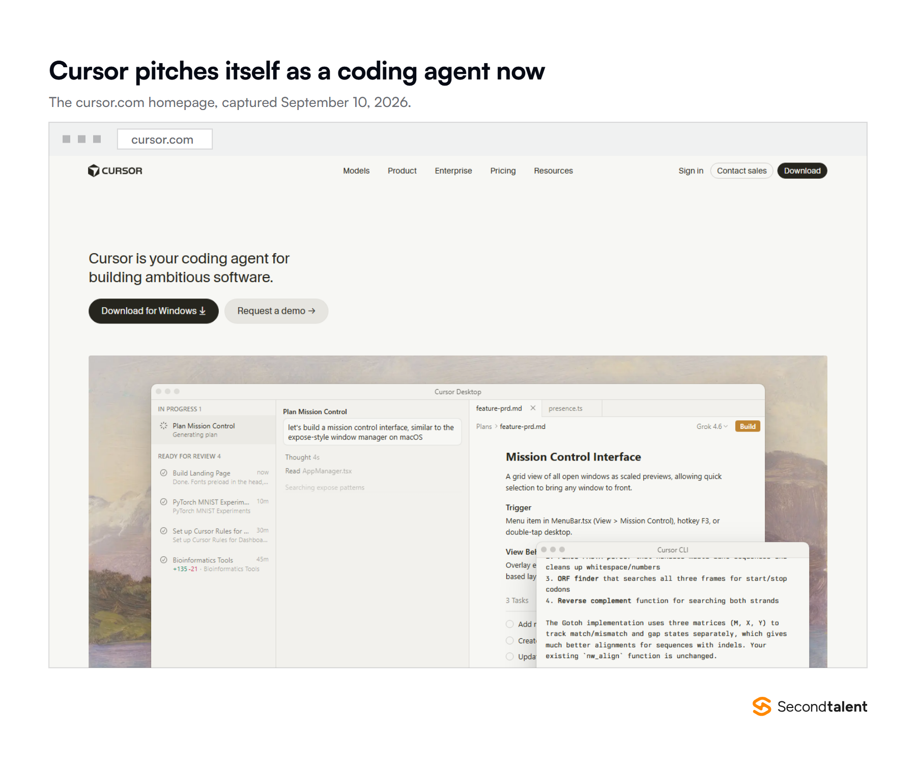 The cursor.com homepage in September 2026, headlined Cursor is your coding agent for building ambitious software, showing the Cursor Desktop agent interface with tasks in progress and ready for review.