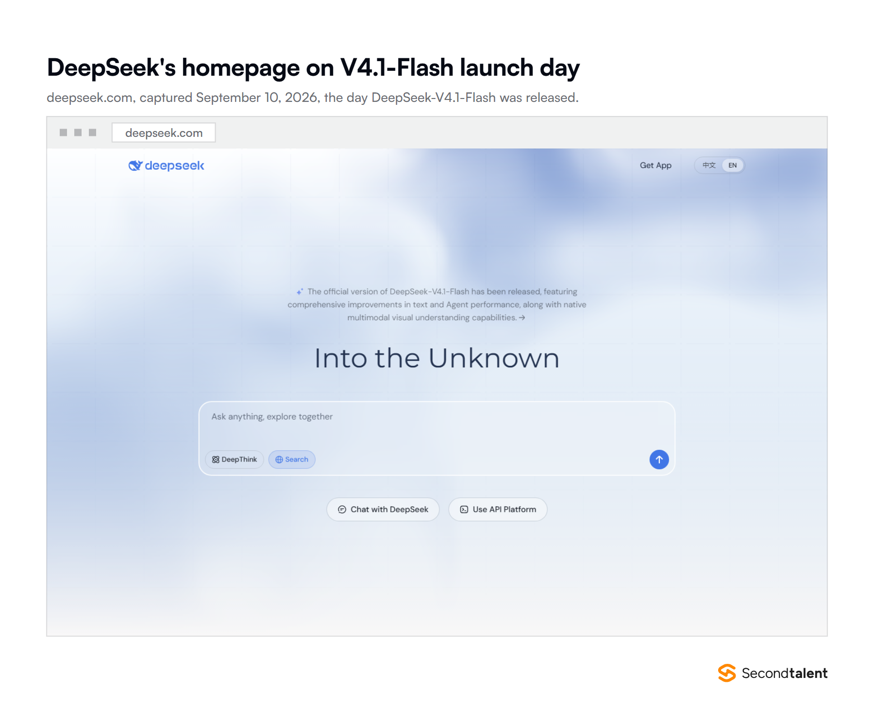 The deepseek.com homepage on September 10, 2026, announcing the release of DeepSeek-V4.1-Flash, with a chat box offering DeepThink and Search and buttons for Chat with DeepSeek and the API platform.