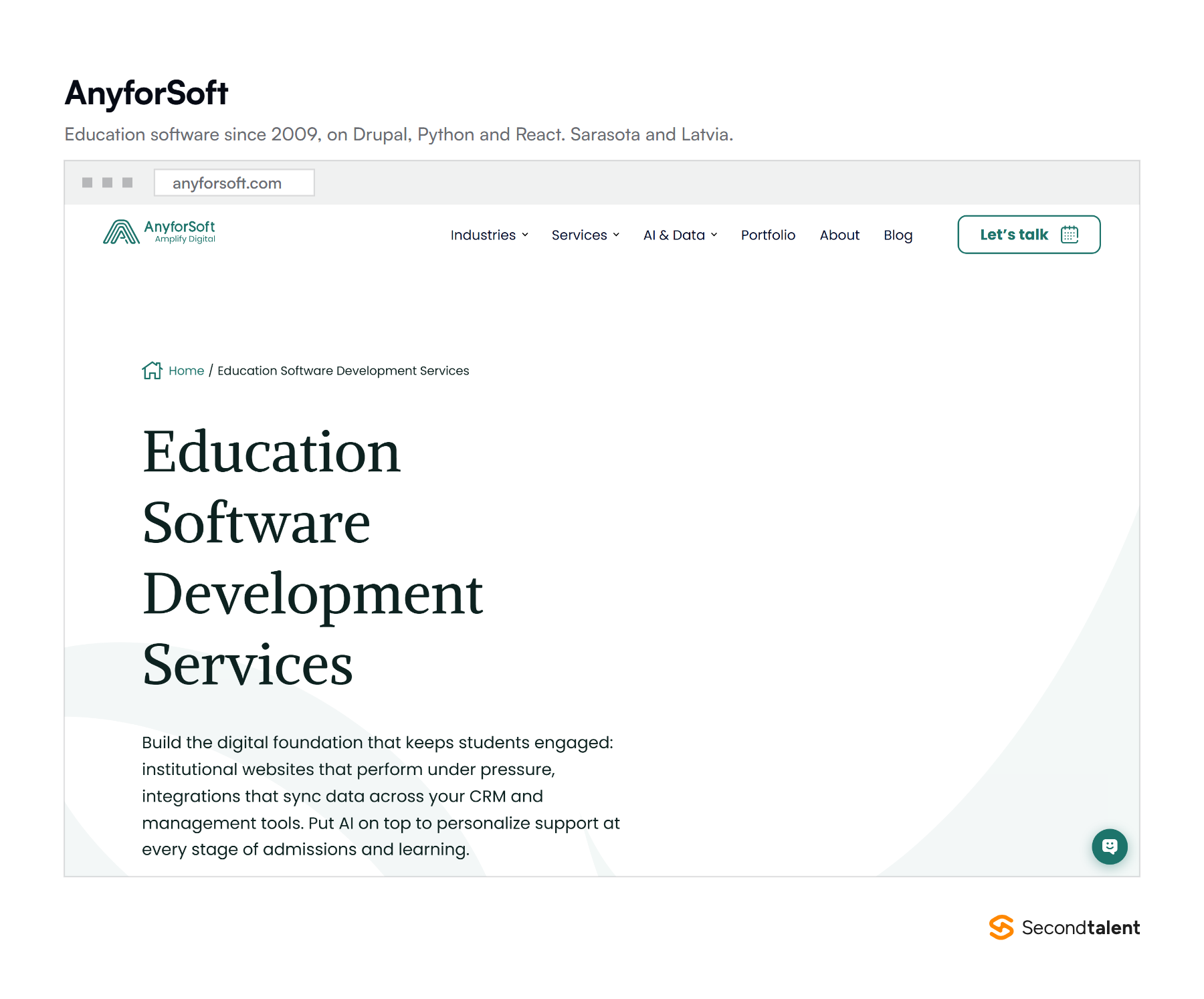 AnyforSoft's education software development page, the Sarasota firm building learning platforms on Drupal, Python and React since 2009.