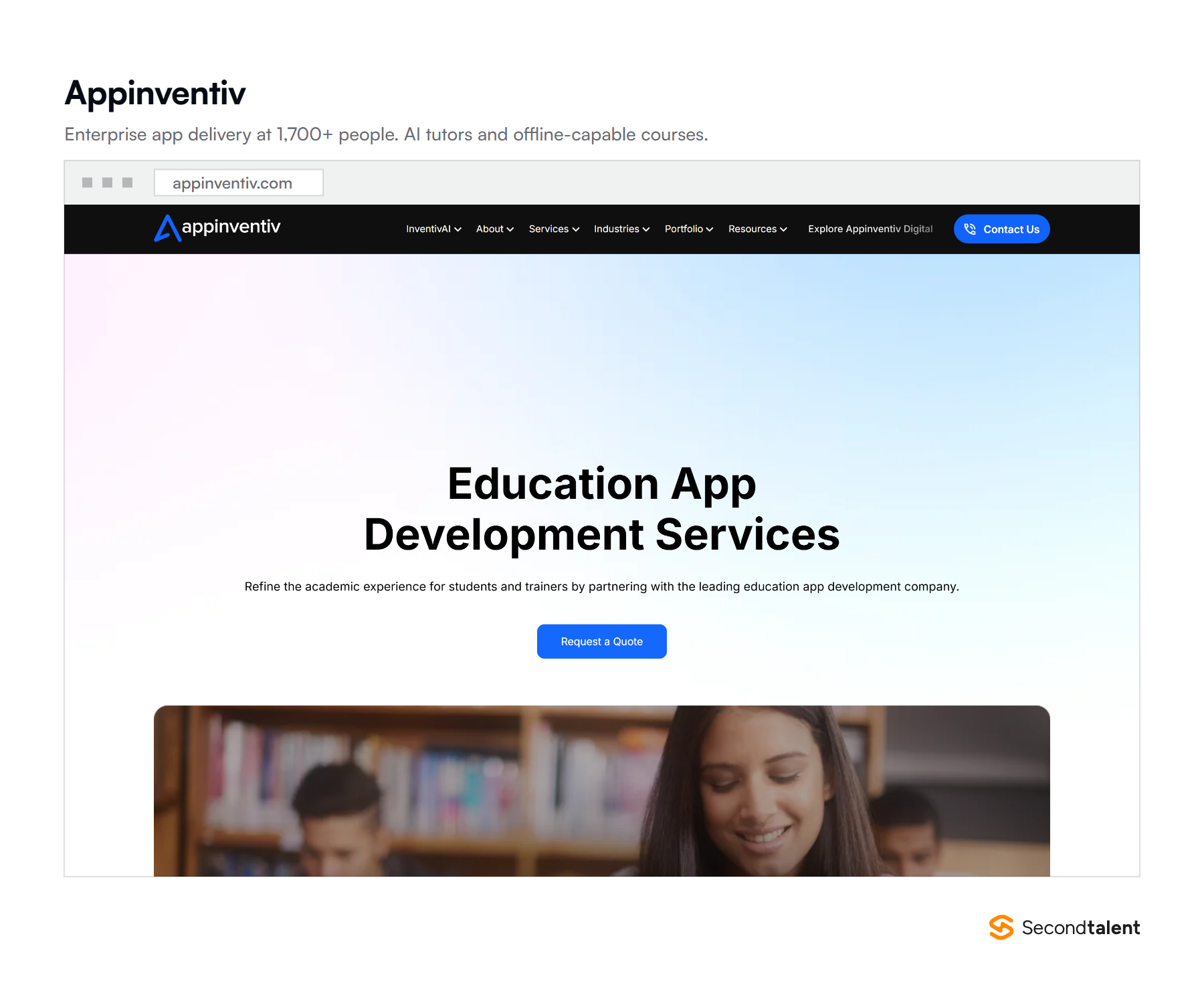 Appinventiv's education app development page, the Noida firm behind K-12 and corporate training apps for enterprise clients.
