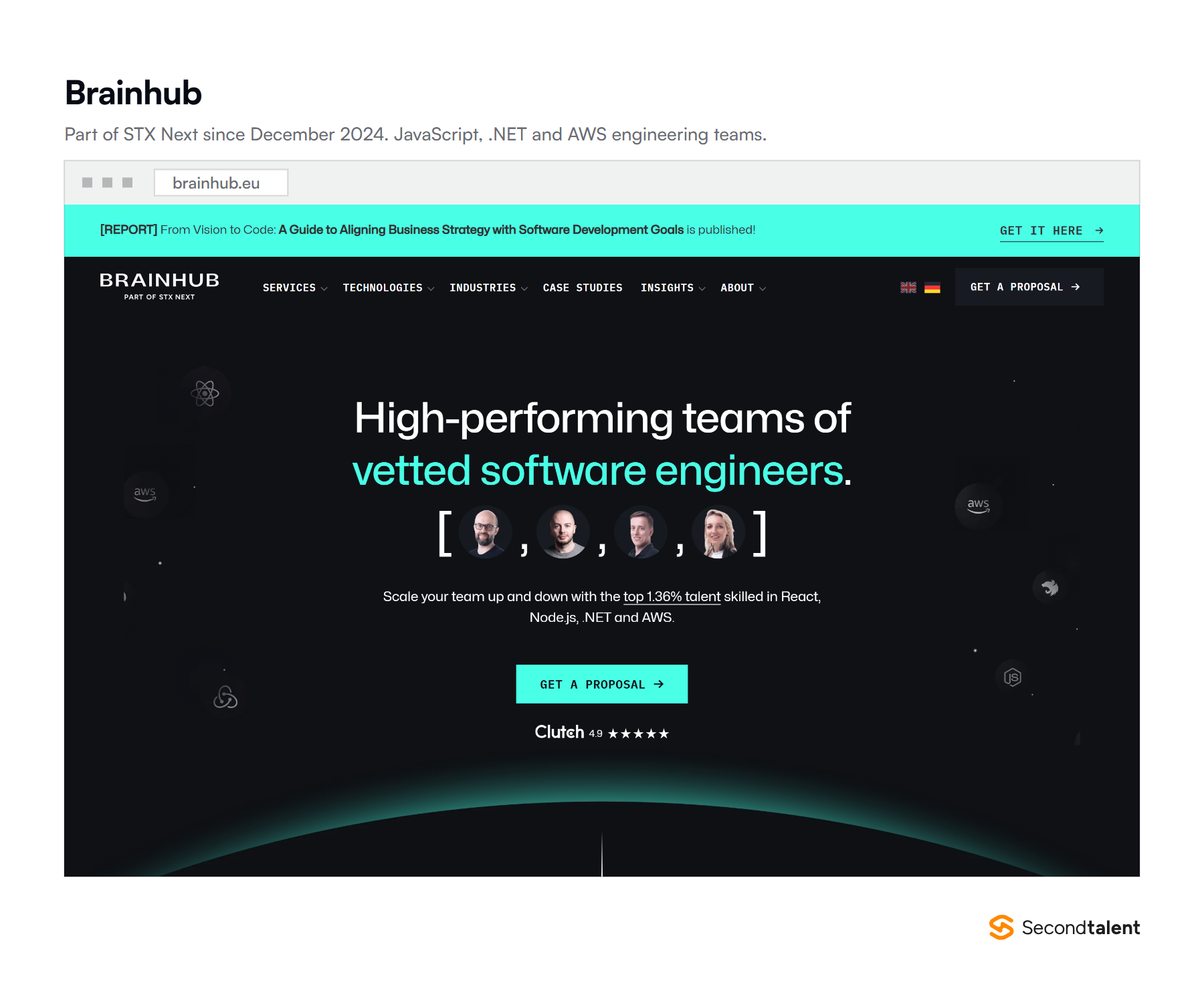 Brainhub's homepage, a Polish JavaScript and .NET engineering shop that has been part of STX Next since December 2024.