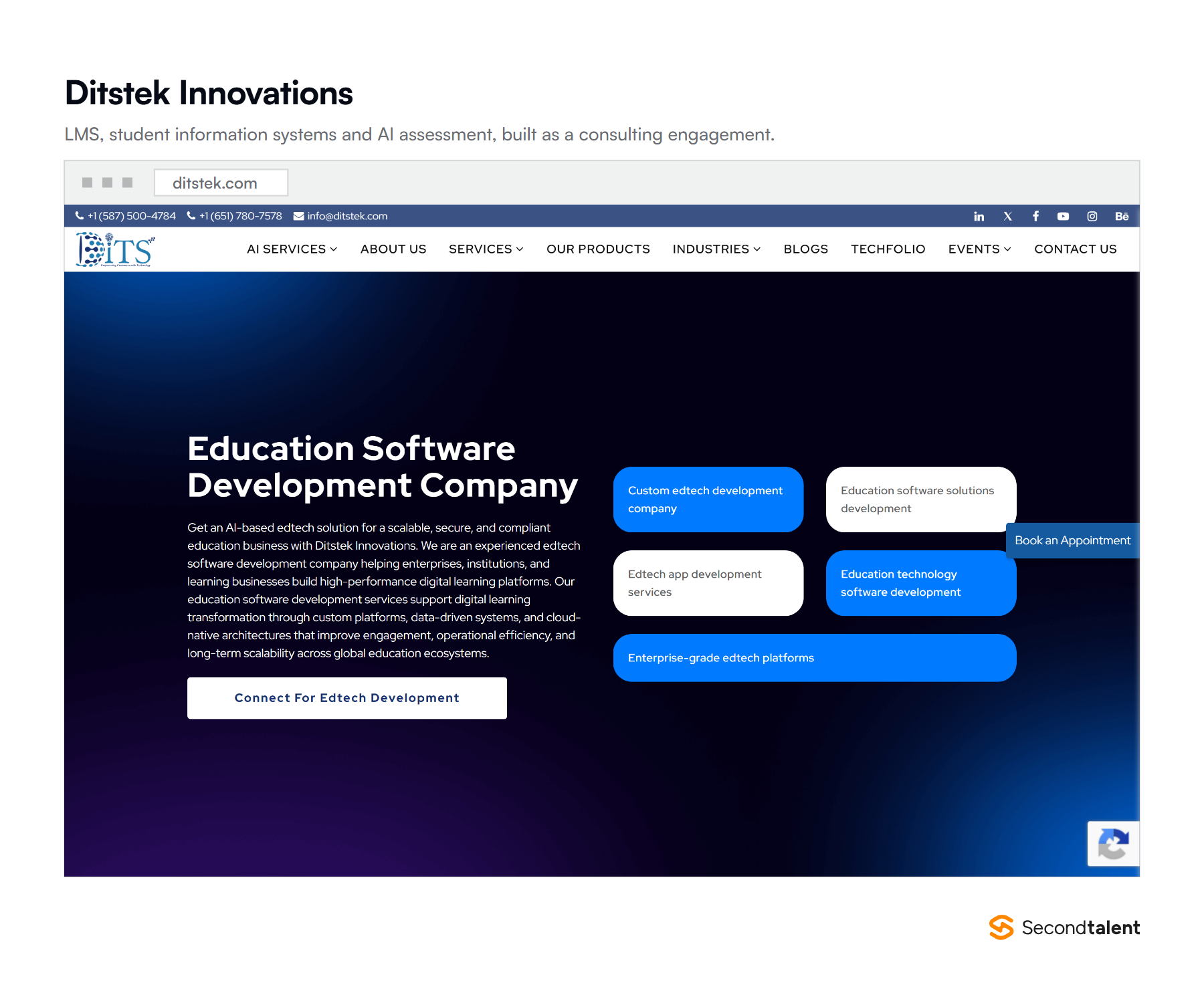 Ditstek Innovations' education software development page, covering LMS, student information systems and AI-based assessment builds.
