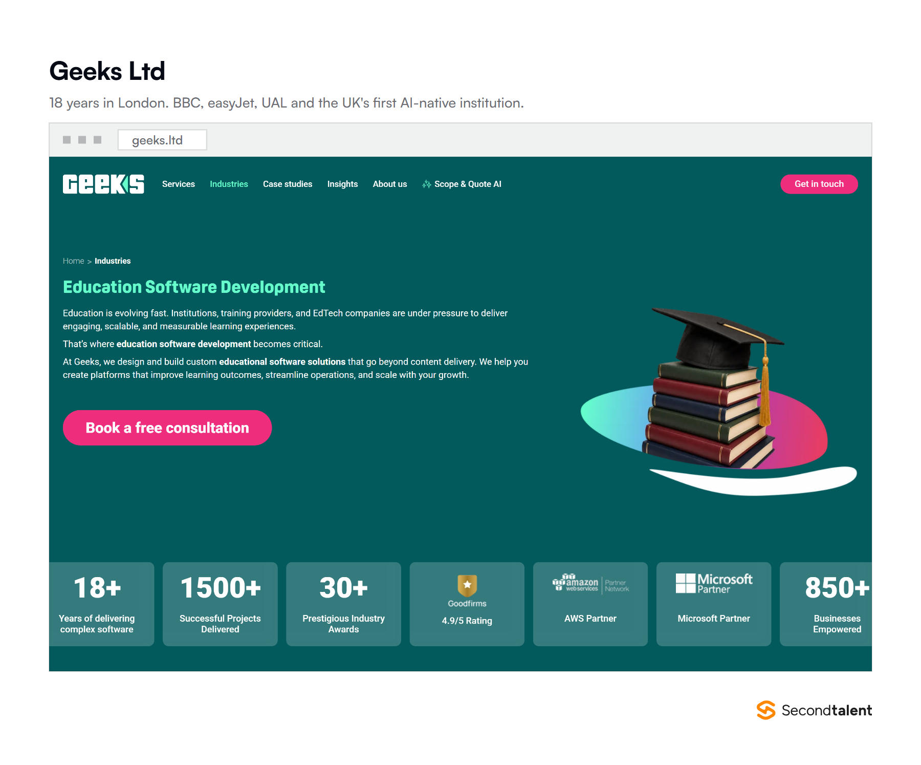 Geeks Ltd's education industry page, showing 18 years of delivery, 1,500 projects and 850 businesses served from London.
