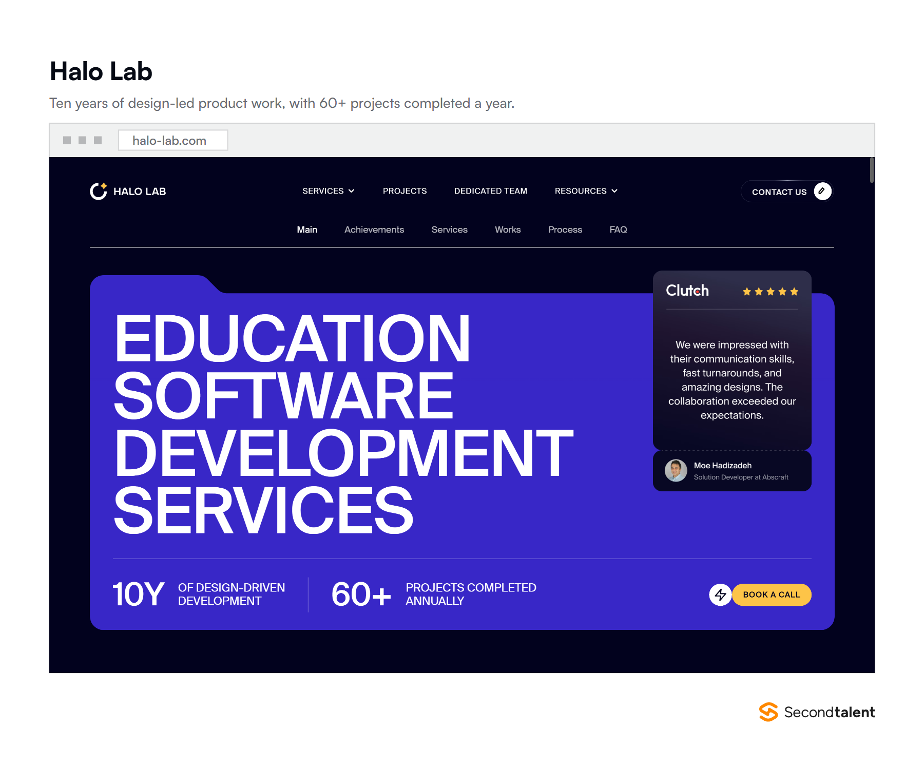 Halo Lab's education software development page, stating ten years of design-driven development and 60 or more projects completed a year.
