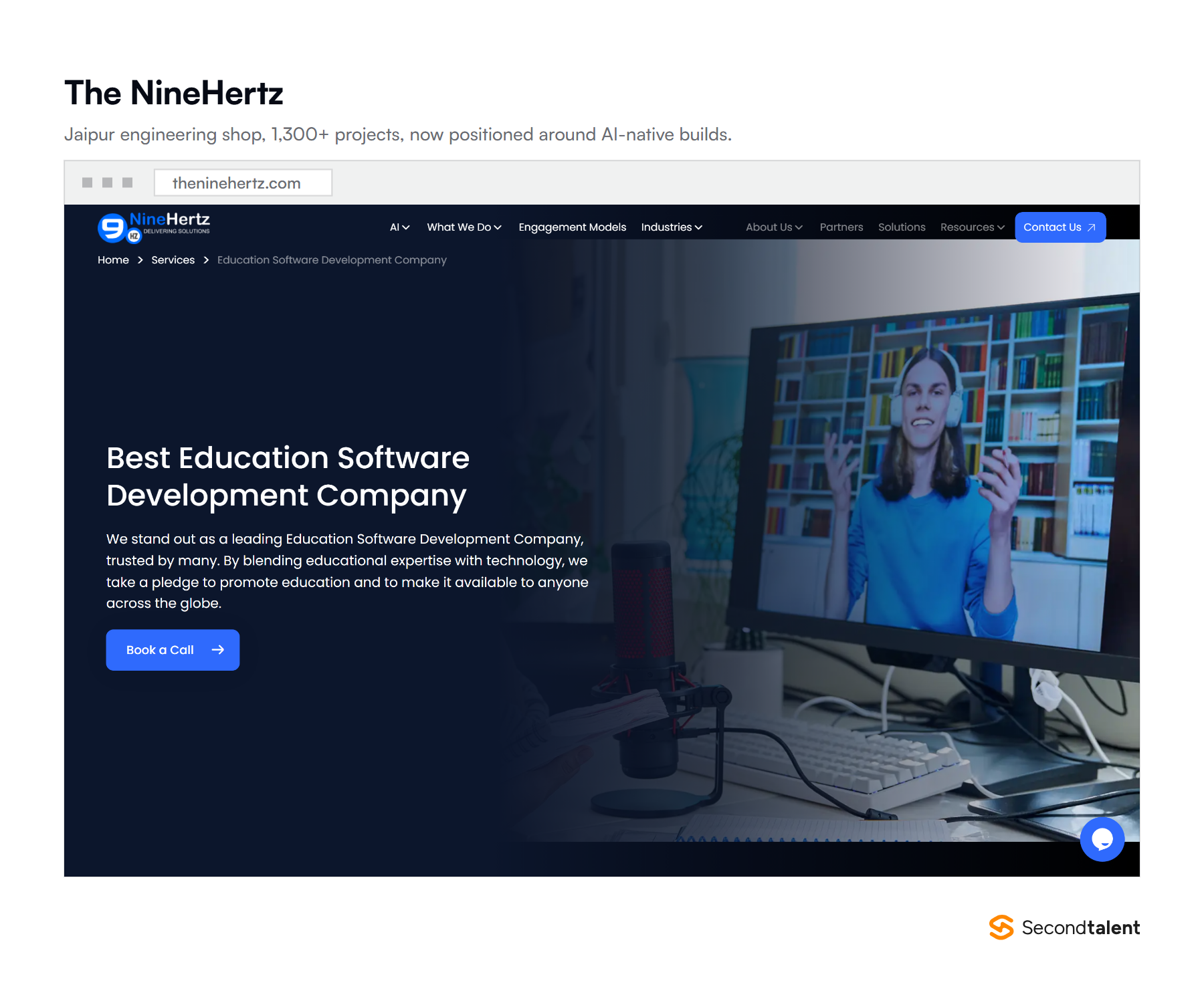 The NineHertz education software development page, a Jaipur engineering shop offering LMS builds and offshore development centres.