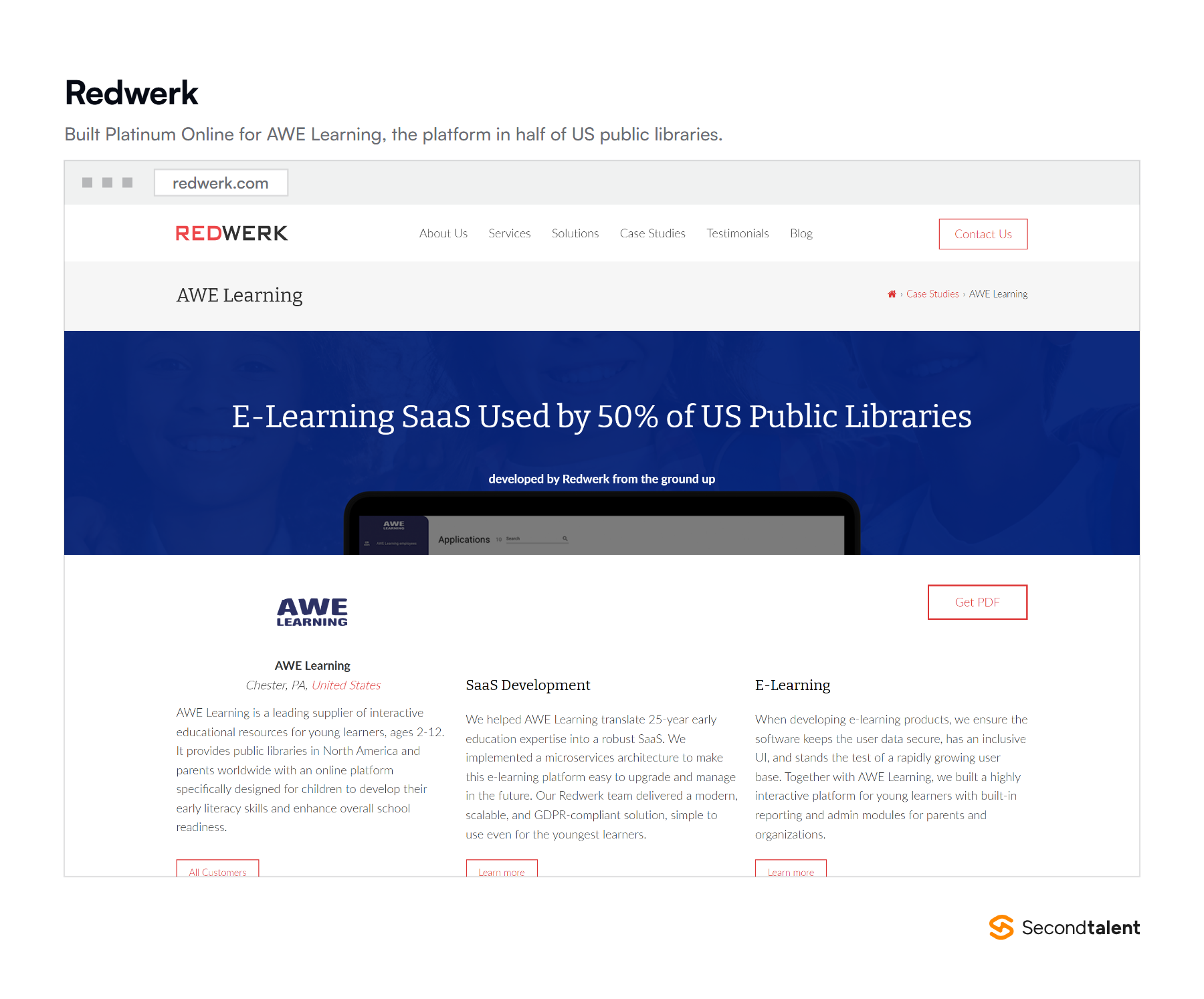 Redwerk's AWE Learning case study page, showing the Platinum Online e-learning platform used by 50% of US public libraries.